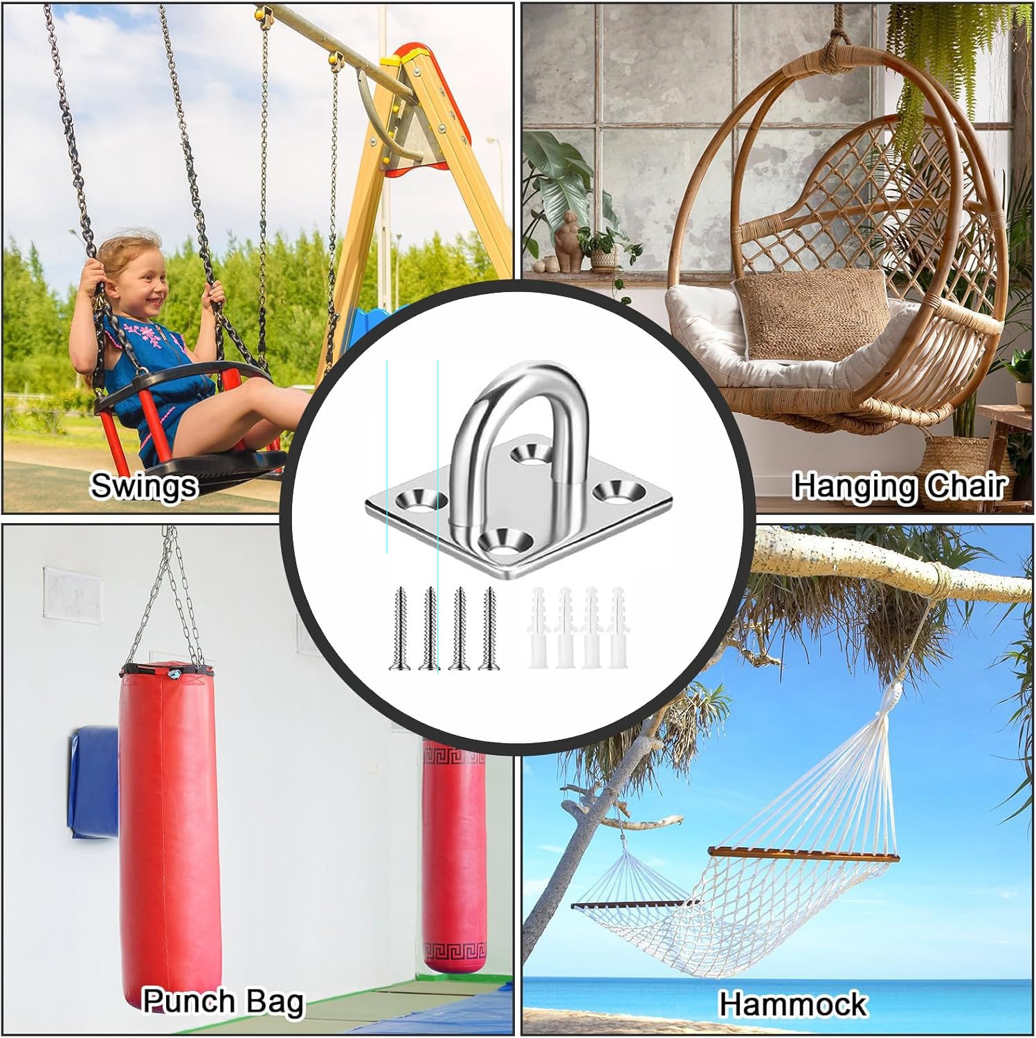 Greluma 4 Pzs Gancho de anillo de grapa con placa de ojo de almohadilla resistente con forma U para toldo de vela-Ganchos para hamaca de techo y pared M5 para suspensión columpio-Acero inoxidable 304