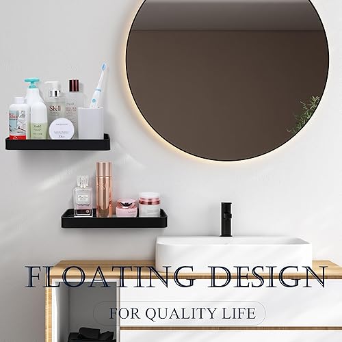 Miniatura 4 de Z metnal Estantes de baño de vidrio pequeños modernos, organizador de inodoro pequeño, estante flotante de baño negro mate, mini estante de pared de