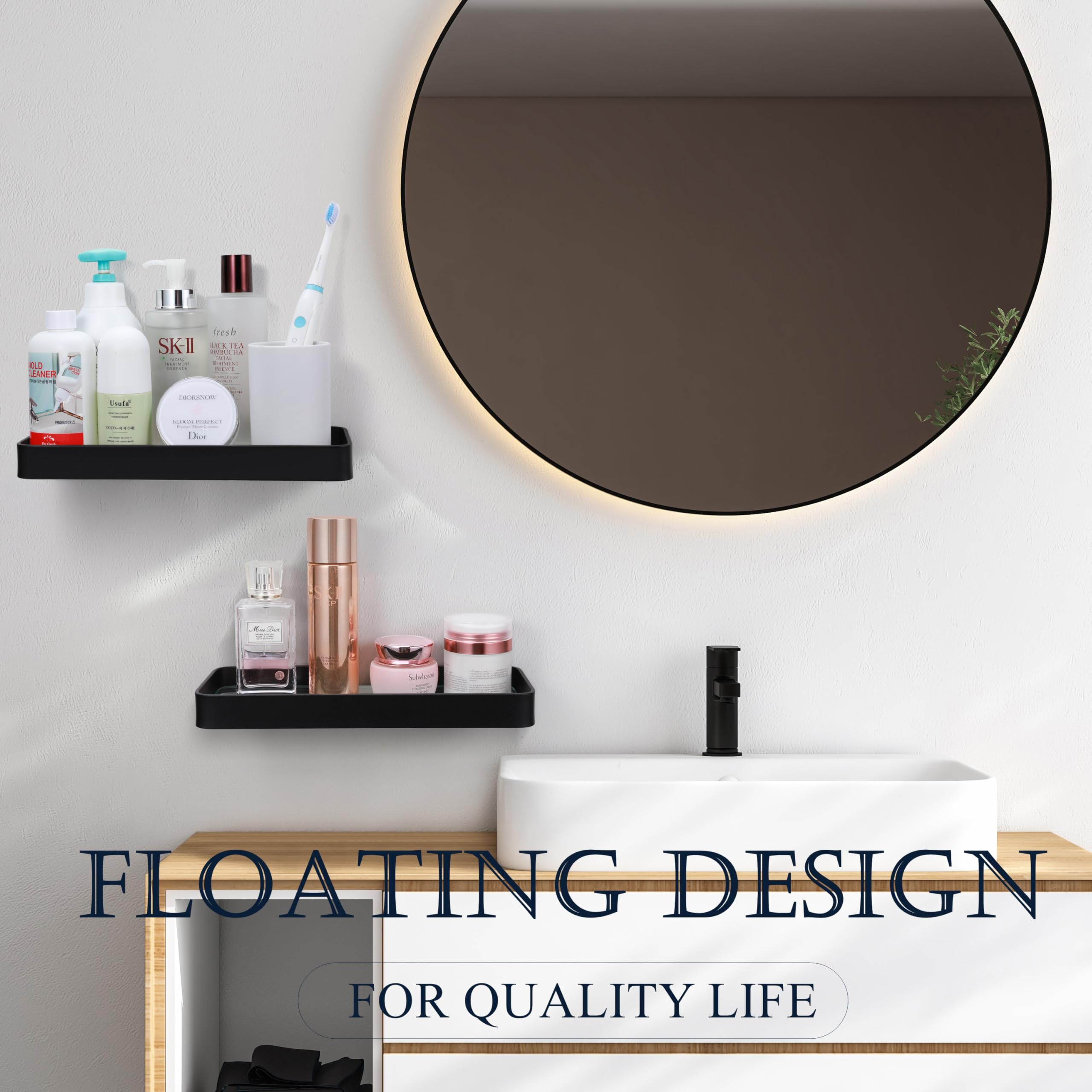 Z metnal Small Tempered Glass Floating Shelves, 25cm Black Aluminum Bathroom Shelf With Clear Glass - Image 3