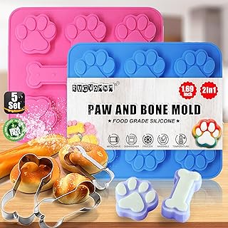 2 in 1 Silicone Molds，2 Pack Silicone Puppy Paw Print & Dog Bone Shaped Molds ，with 3 Packs Stainless Steel Bone Cookie Cu...