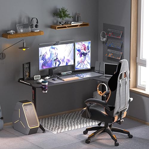 Computer Gaming Desk RGB LED L Shape Corner Desk Larger Game Table 47" Carbon Fiber Black Desktop Gamer Desks with 6 Colors 8 Modes RGB Light for