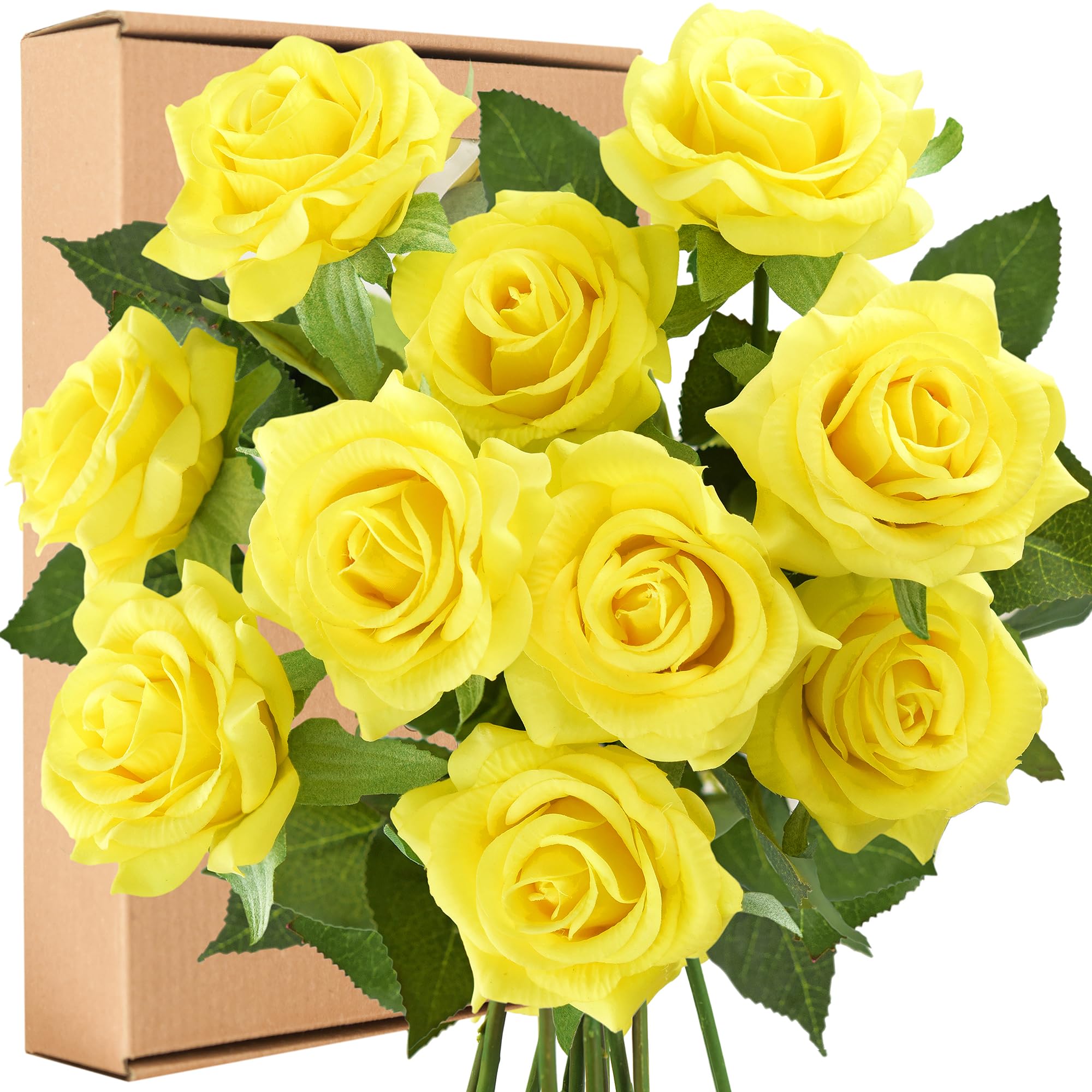 FiveSeasonStuff 10 Stems Real Touch Artificial Silk Roses - 'Petals Feel and Look Like Fresh Roses' - Bouquet of Flowers Floral Arrangements (Yellow #7)