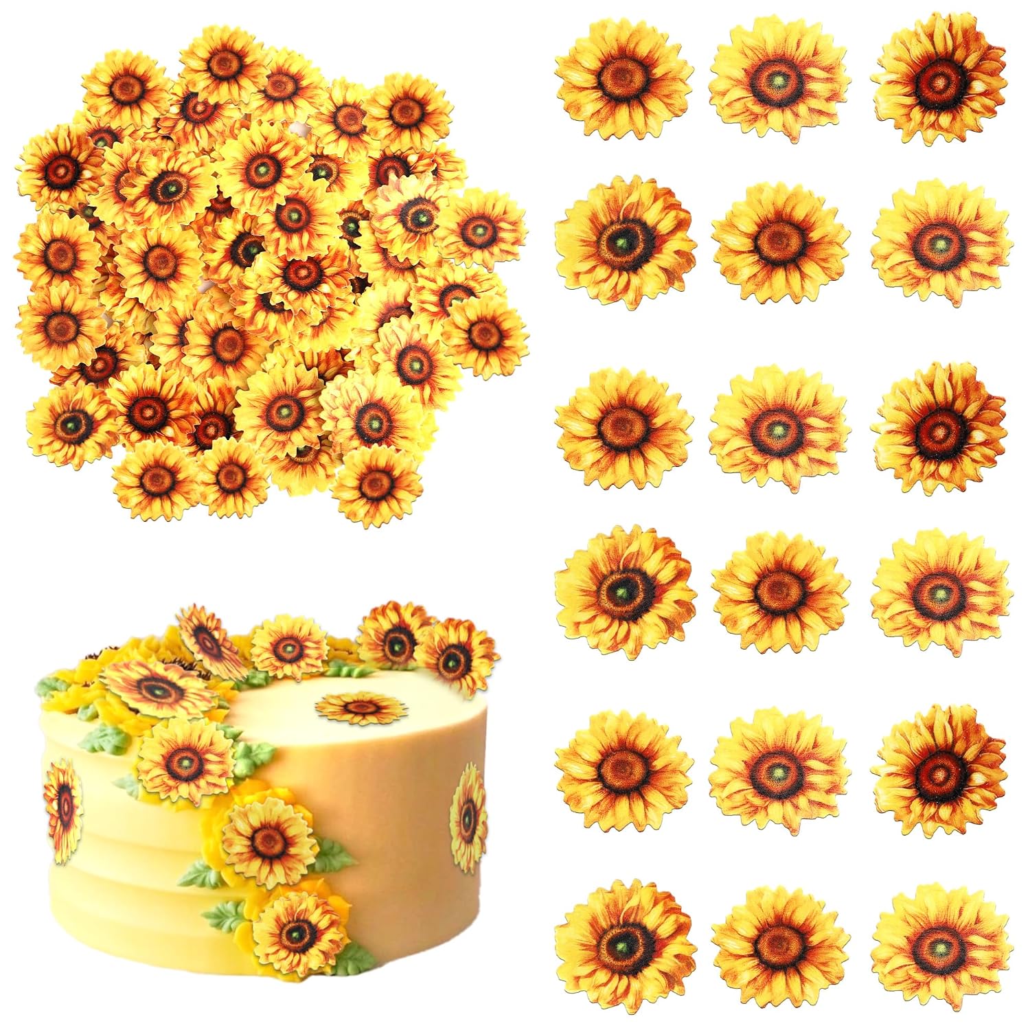 60 PCS Edible Sunflower Cupcake Toppers Edible Flowers Cake Decorations