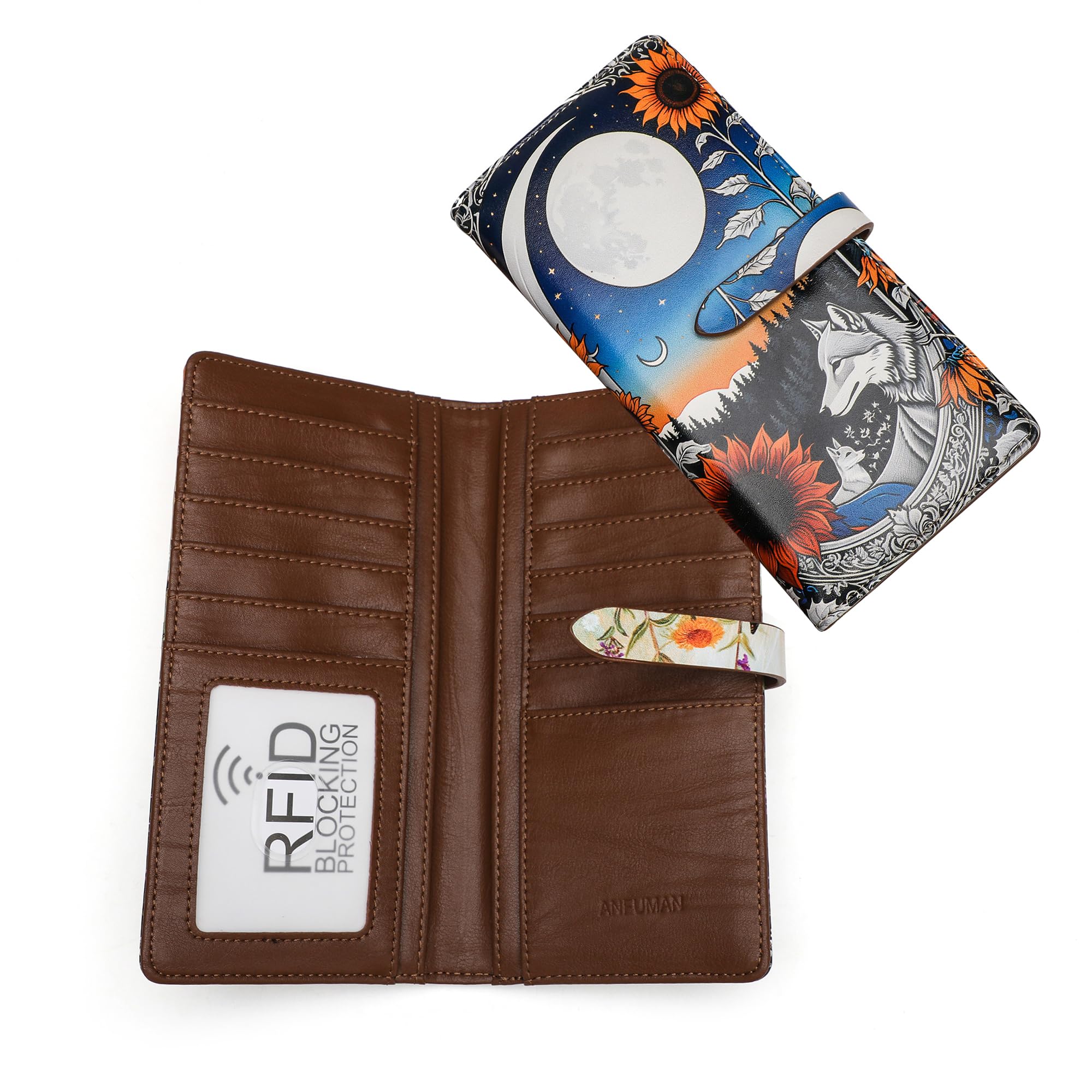 ANFUMAN Slim Wallets for Women Credit Card Holder RFID Bifold Clutch Long Ladies Billfold Wallets with Zipper Coin Pocket ID Window Wolf Moon