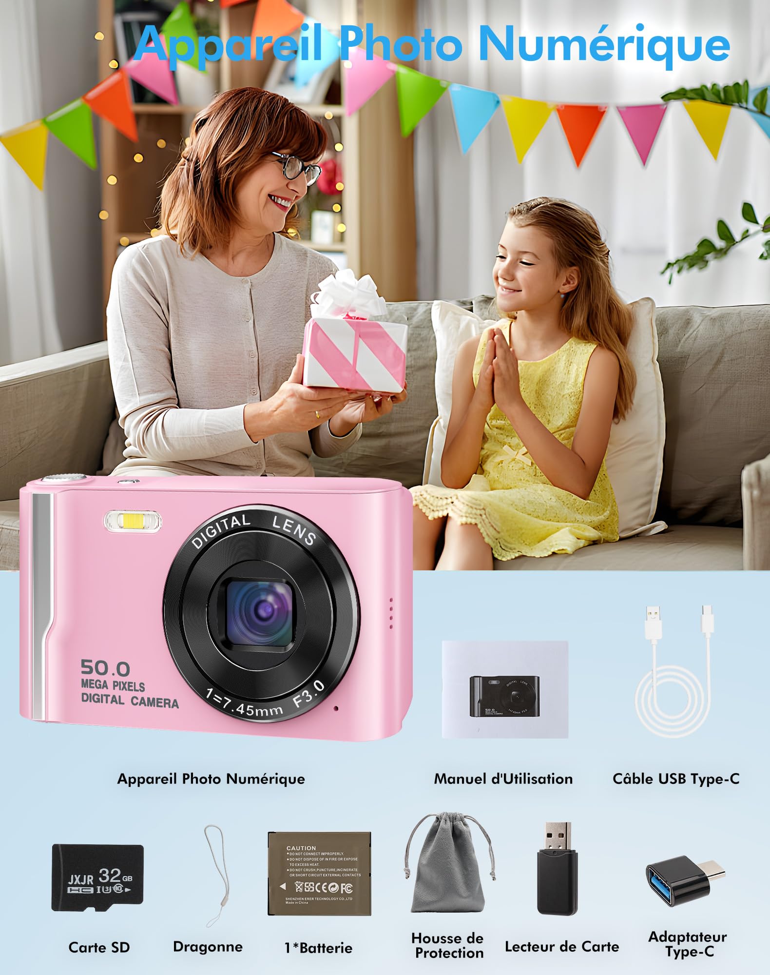 Appareil Photo Numérique Compact Portable 4K, 50MP Autofocus Digital Camera avec Écran IPS 2,8", Zoom Numérique 16X, Carte Mémoire Micro 32 G et Batterie, pour Enfants, Adolescents et Débutant