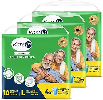KareIn Classic Adult Diaper Pants, Large 90-120 Cm (35"- 47"), 30 Count, Unisex, Leakproof, Elastic Waist, Wetness Indicator, Pack of 3