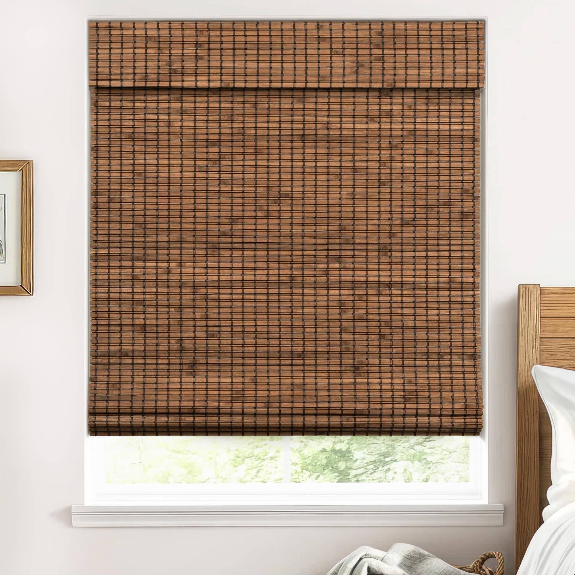 Cordless Bamboo Roman Shades for Windows, 100% Blackout Backing Fabric for Light Blocking, 24" W × 64" H - Penang Teak