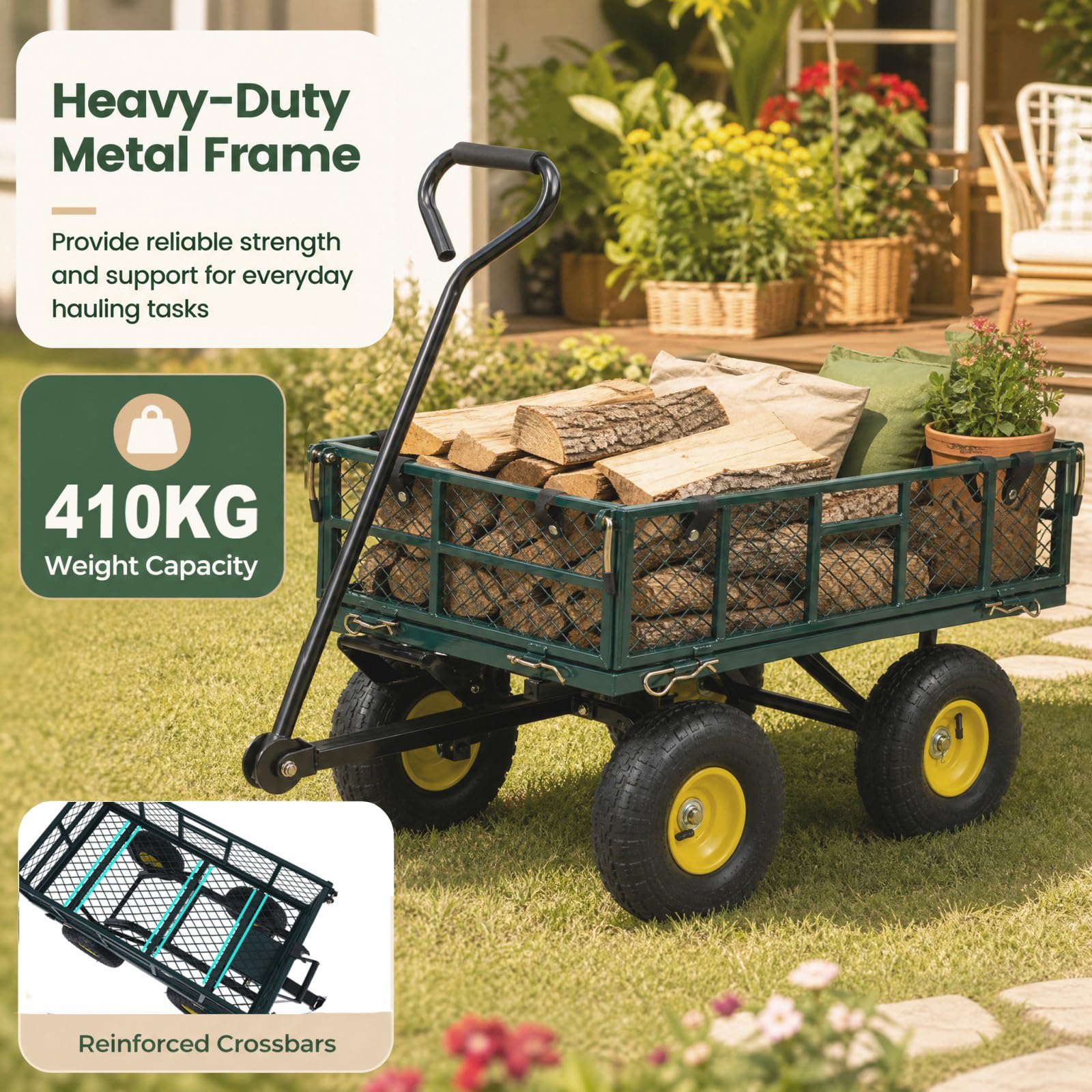 HOMASIS Carrello da Giardino Portatutto con 4 Ruote Grandi, Maniglia Regolabile, Rete Rimovibile, Fodera, Carretto Trasporto Porta Attrezzi, Carriola a Mano per Spiaggia, Campeggio, Portata 410 kg