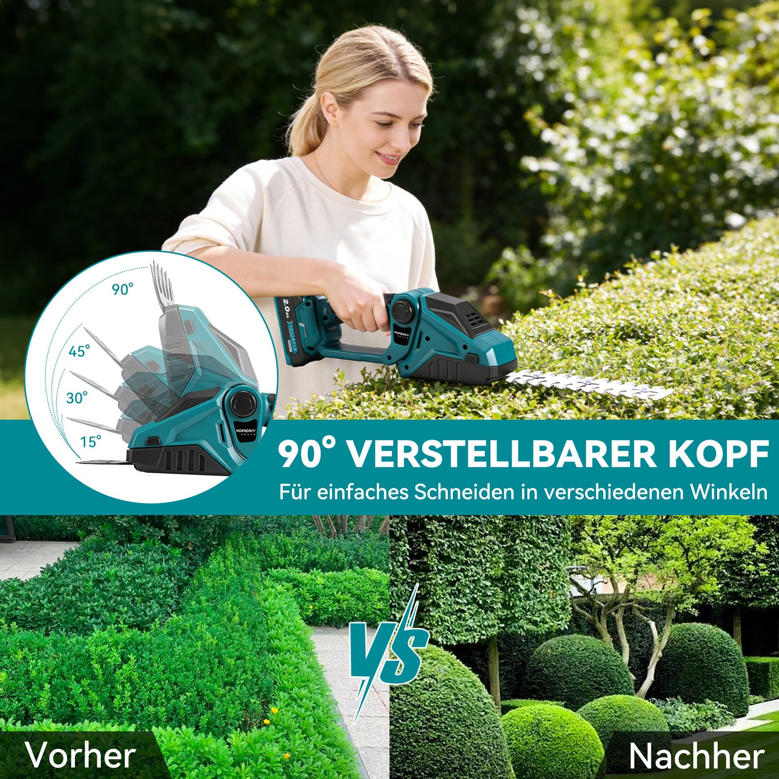 Yofidra Akku Heckenschere & Grasschere, 2-in-1 Gras und strauchschere mit 2x2.0Ah Akku, Bürstenloser Motor, Heckenschere Elektrische 90° Verstellbarer Kopf für Garten und Hecken