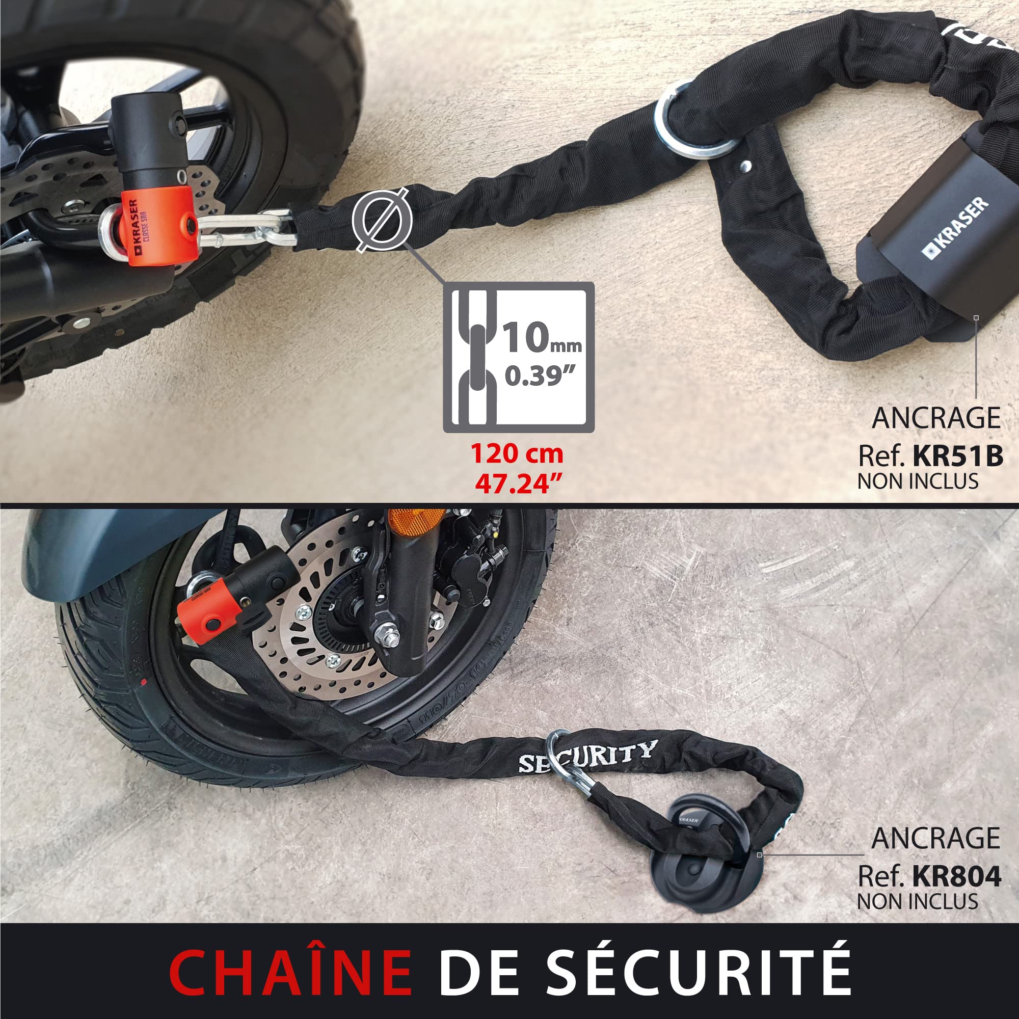 KRASER KR50+120L Antivol Moto Bloque Disque Homologué SRA | Robust Mini U Ø18 Acier Cémenté Double Verrouillage + Chaine Ø10 Haute Sécurité, Multifonctionnelle Moto Velo Parking Garage, 120cm Lasso