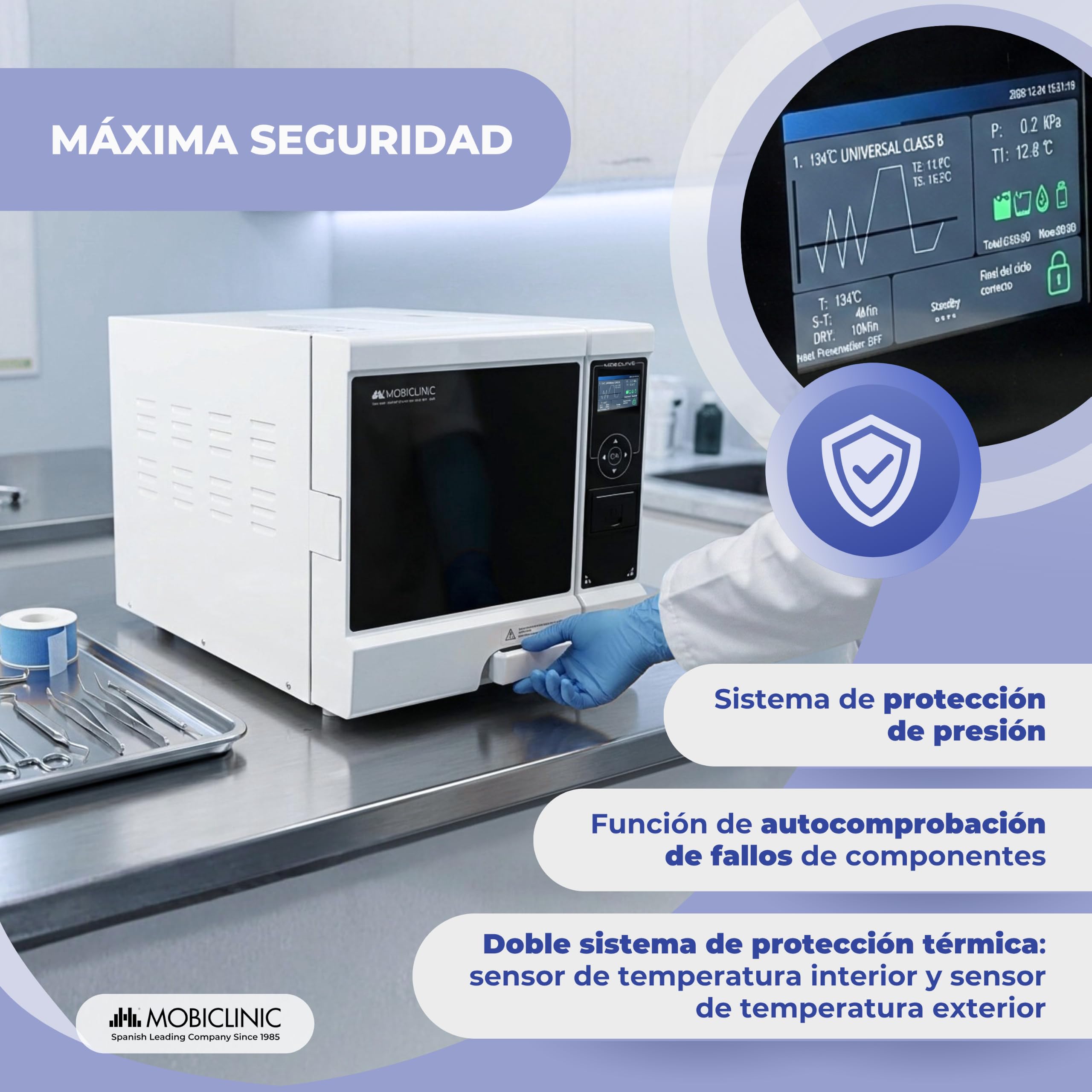 Mobiclinic®, Autoclave Profesional, Esterilizador Autoclave de Vapor 12L, Desinfecta 99% con Cobertura 360º, Pantalla LCD, Programas Personalizable, Impresora, USB, Clínicas y Laboratorios, MobiClave