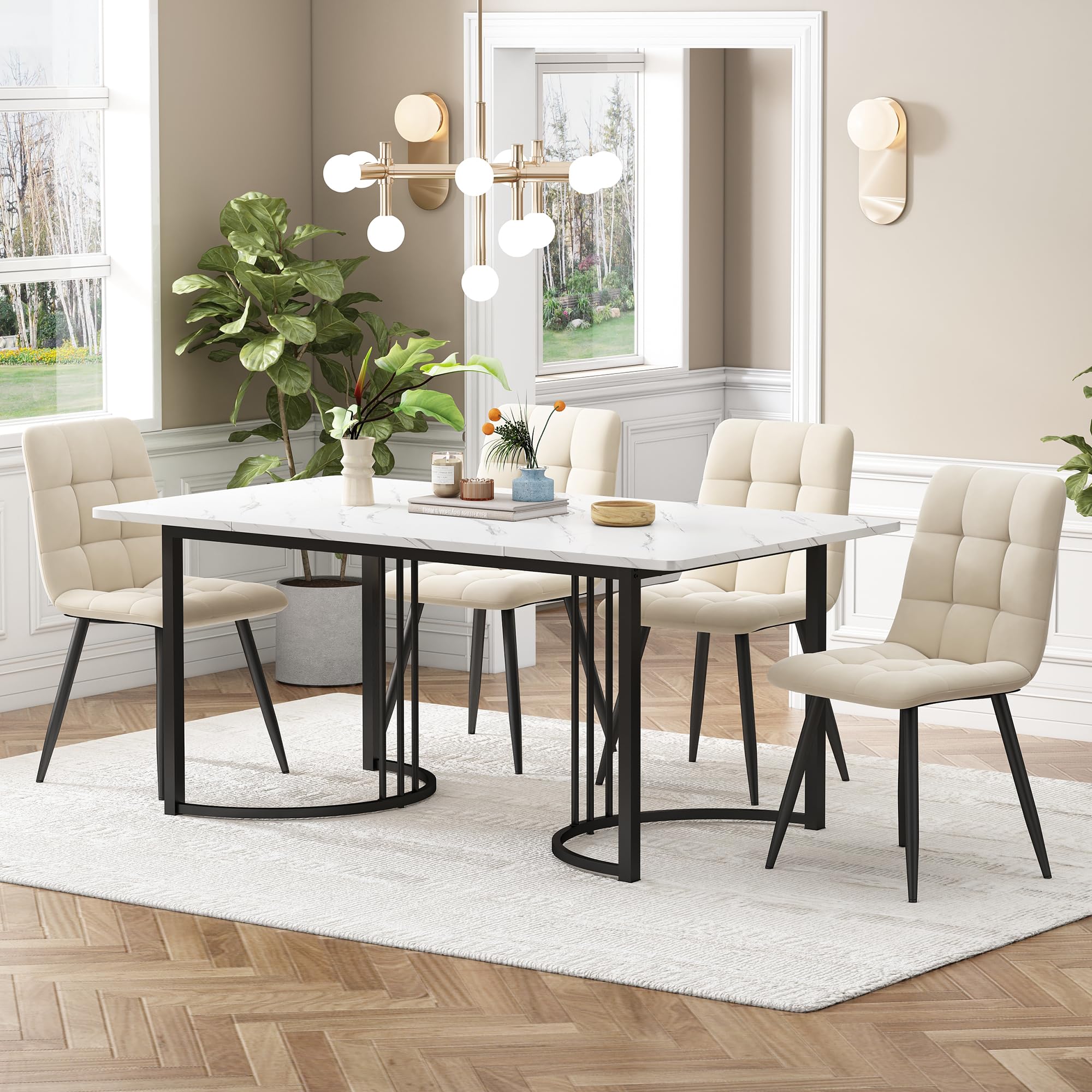 Conjunto Mesa y Sillas Comedor 5 Piezas, Juego de Comedor Mesa y 4 Sillas, Mesas Rectangular 140x80x75 cm con Patas Metálicas, Terciopelo Silla de Cocina, Beige y Blanco