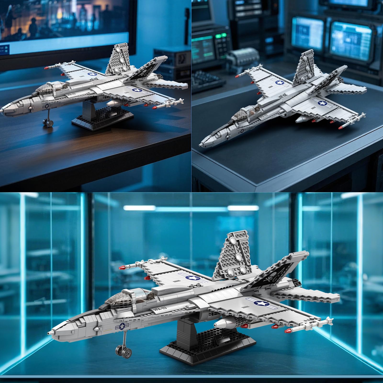 Reobrix F-18 Hornisse Kampfjet Baustein Modellbau Set für Erwachsene 33022 | Militärflugzeug Klemmbausteine, Deko-Objekt mit Ständer, Sammlerstück für Luftfahrt-Fans, Geschenk ab 14 Jahren, 1387 Teile