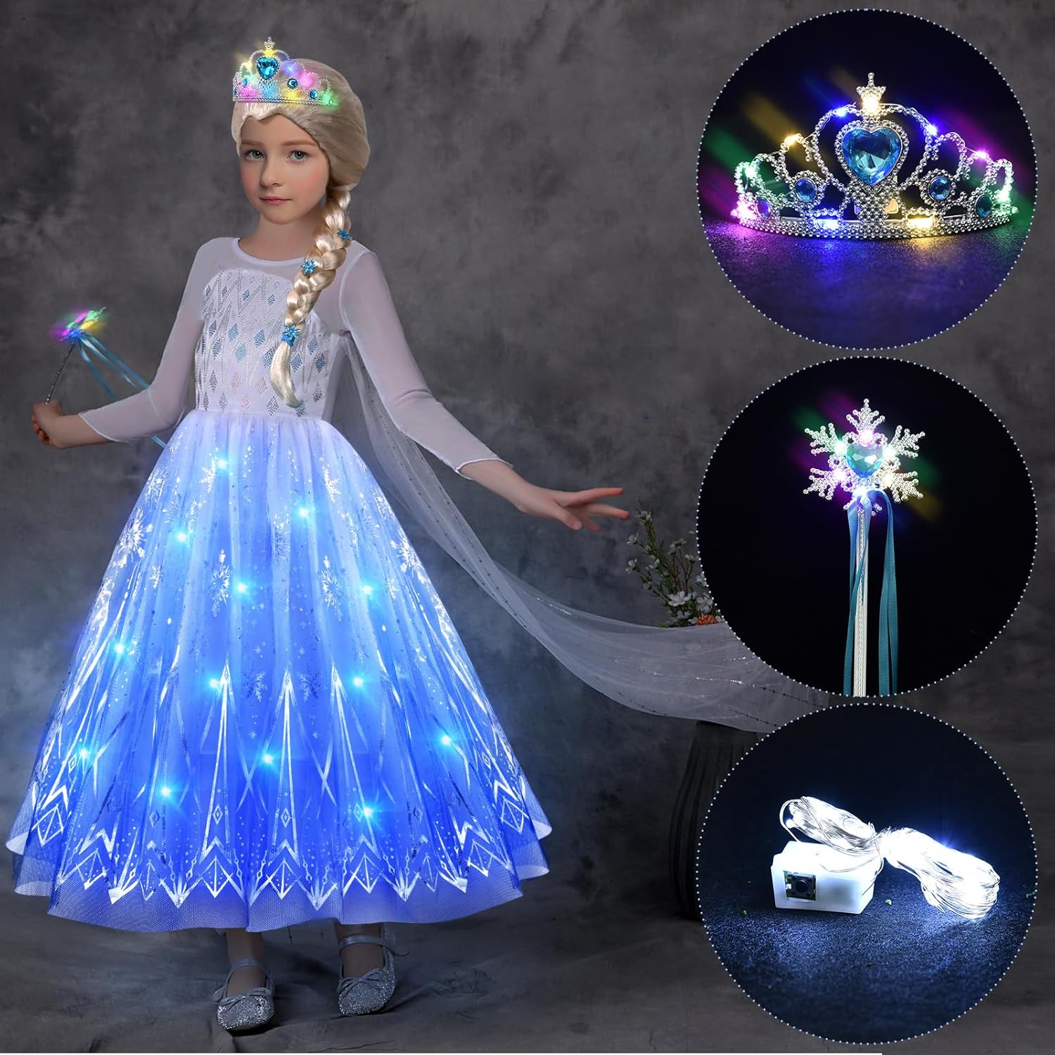 Latocos Light Up Princess Costume for Girls Kids Princess Dress Up Cloths for Little Girls Birthday Halloween Cosplay