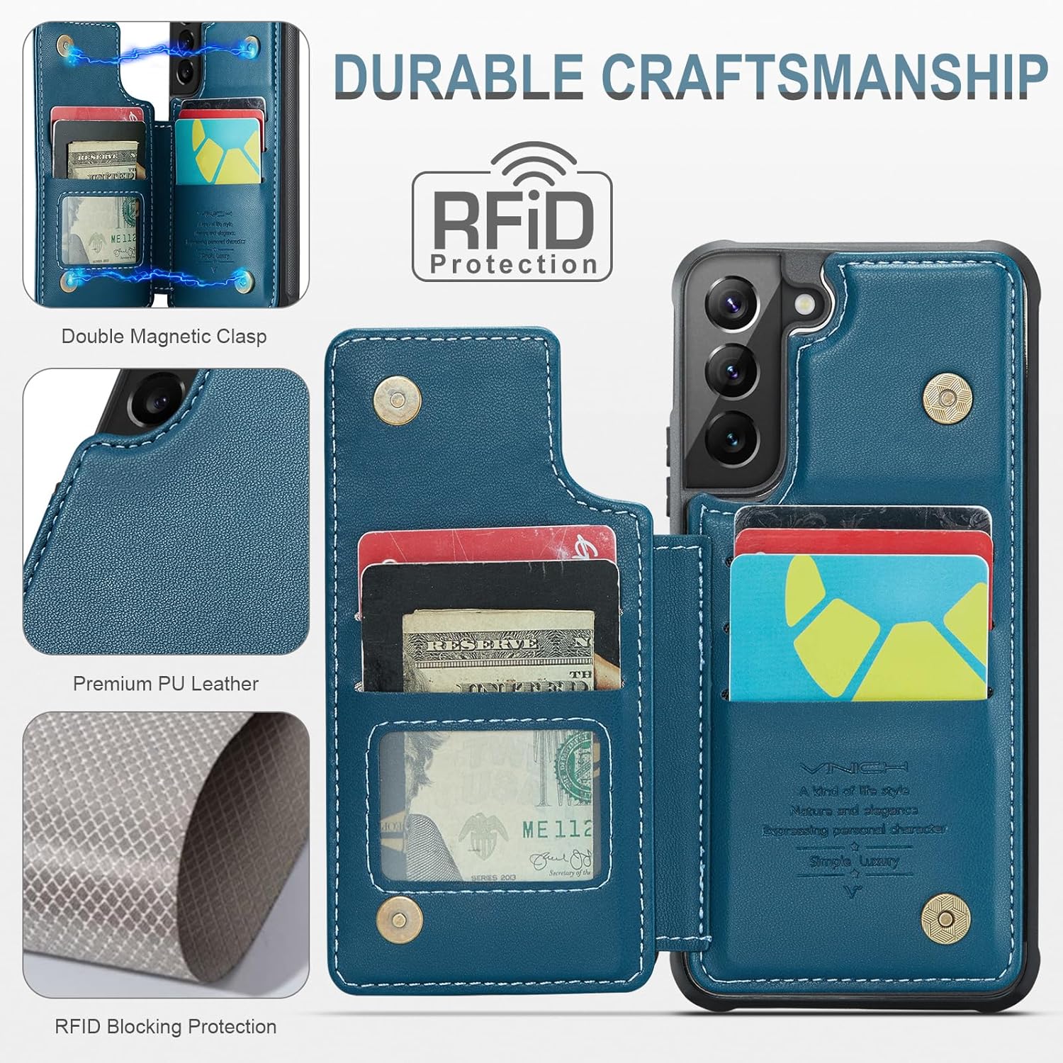 Vinich for Samsung Galaxy S22 Plus Wallet Case with Card Holder, RFID Blocking Credit Slots Kickstand Shockproof Phone Cover Fit for Galaxy S22 Plus 6.6" Blue - Image 2