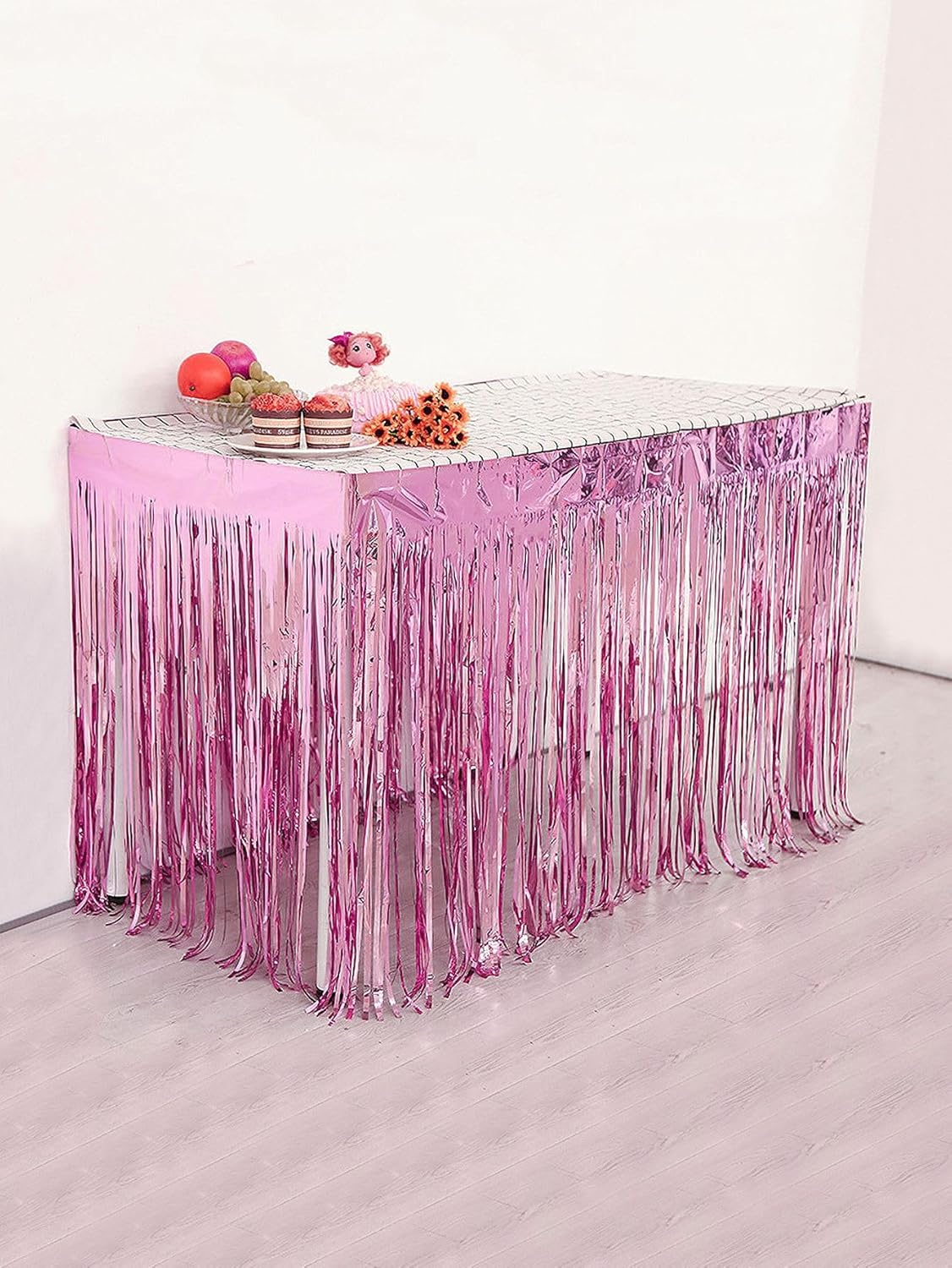 Set of 5 Dark Pink 29x108 Inch (9 Feet Long) Metallic Foil Fringe Table Skirt, Tinsel Disposable Skirting for Parade Floats Trailer, Mardi Gras Party, Birthday, Baby Shower, Wedding