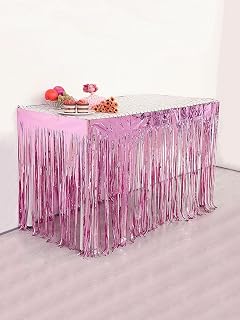 Namzi Juego de 5 faldas de mesa con flecos de papel de aluminio metálico de color rosa oscuro de 29 x 108 pulgadas (9 pies de largo), rodapié desechable para desfiles, flotadores, remolques, fiestas
