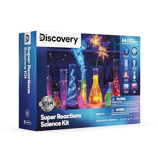 Discovery™ Super Reactions Science Kit – 66 Experiments STEM Lab for Kids| Includes Chemistry Tools, Volcano Mold, Slime, Reactions & Explosions|Educational Learning Toy|DIY Activity Set Gift| Ages 8+