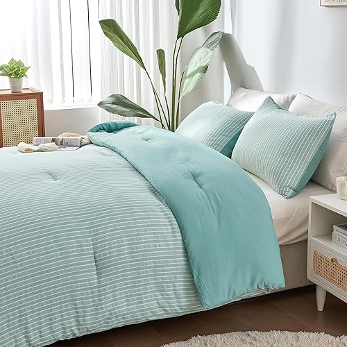 ENCOFT Edredón tamaño Queen, edredón de 3 piezas con textura de espuma de mar verde para cama tamaño Queen, juego de edredón bohemio de microfibra