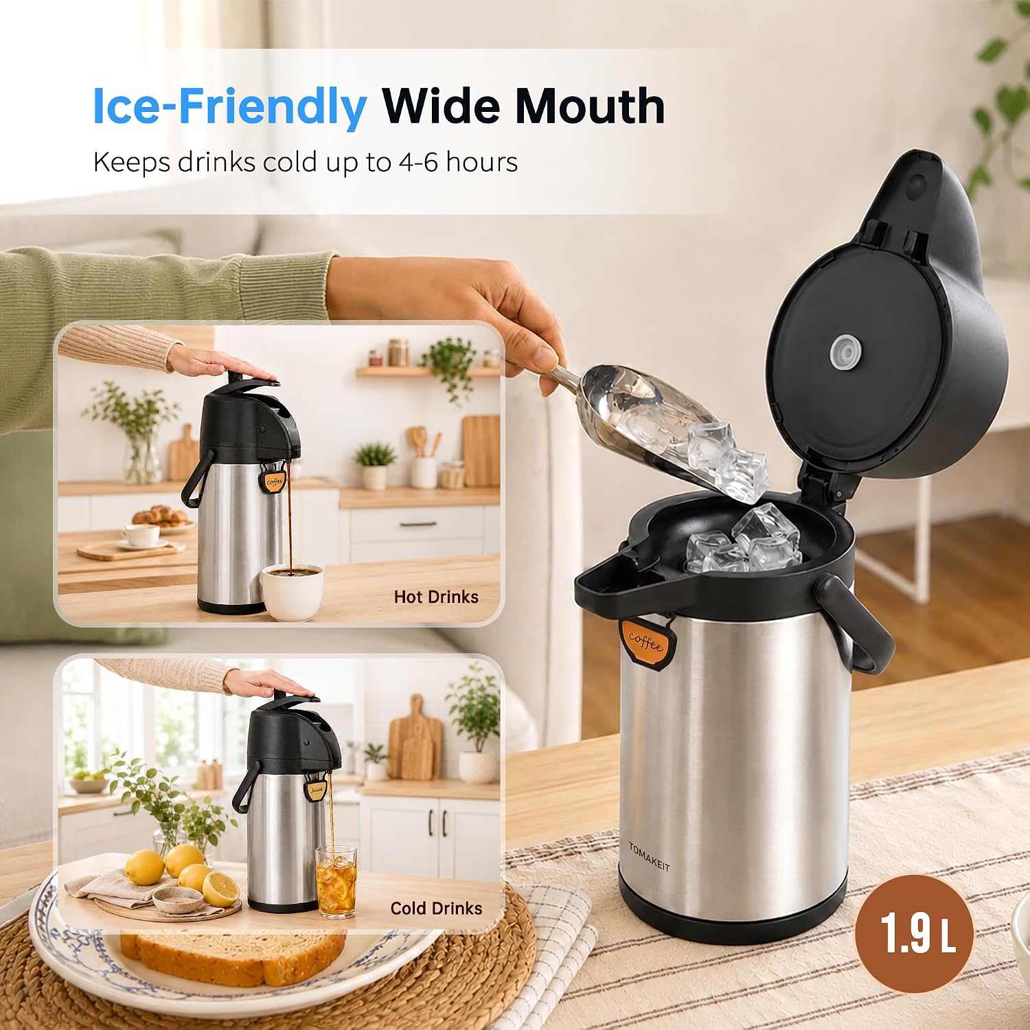 Compact 1.9L (64oz) Airpot Coffee Dispenser with Pump – Small Stainless Steel Thermal Carafe for Hot/Cold Water, Space-Saving Insulated Coffee Server for Home, Office Desk & Daily 1-3 Person Use image 2