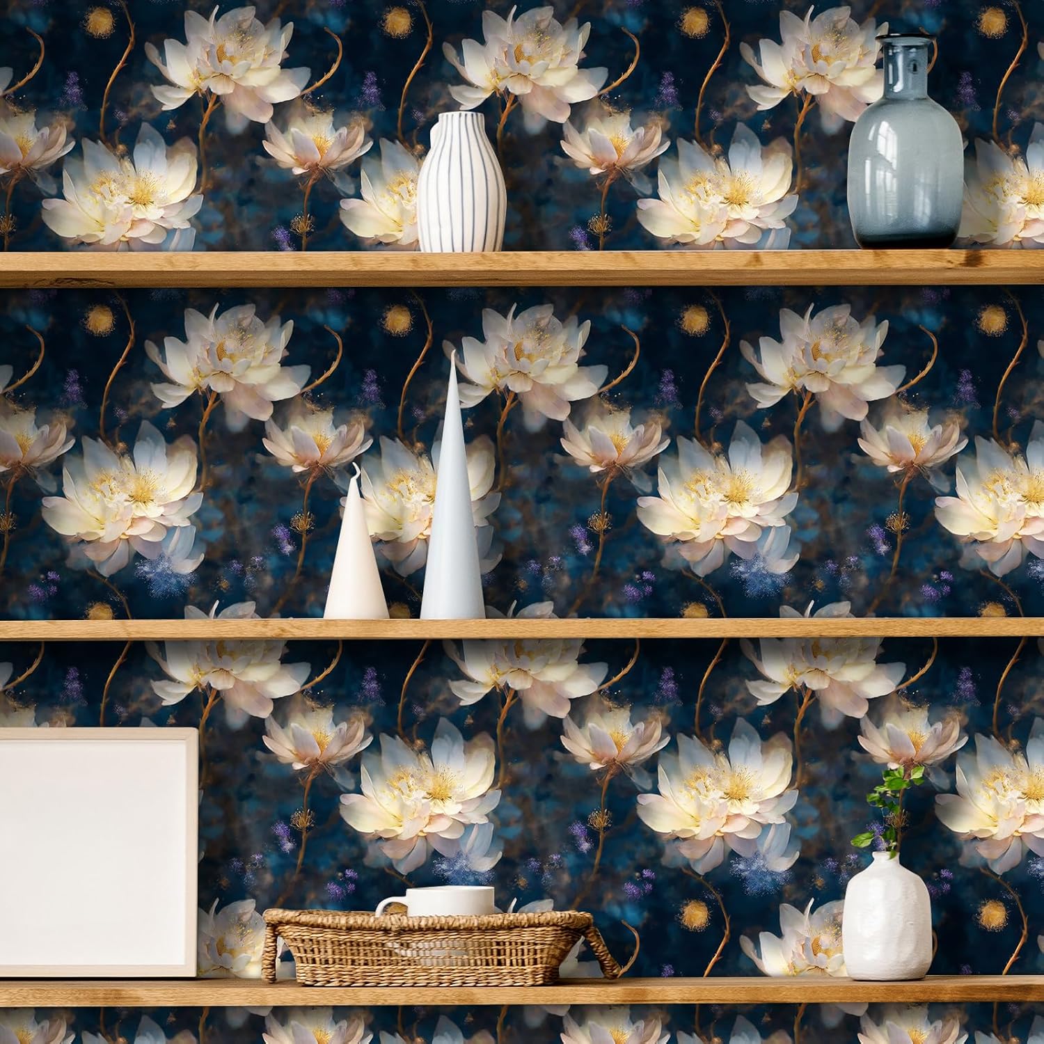 Livelynine Blue Wallpaper Peel and Stick Dark Floral Wall Paper Vintage Navy Blue White Gold Flower Self Adhesive Vinyl Wallpaper Art Waterproof Floral Contact Paper for Cabinets Walls 17.5x78.8