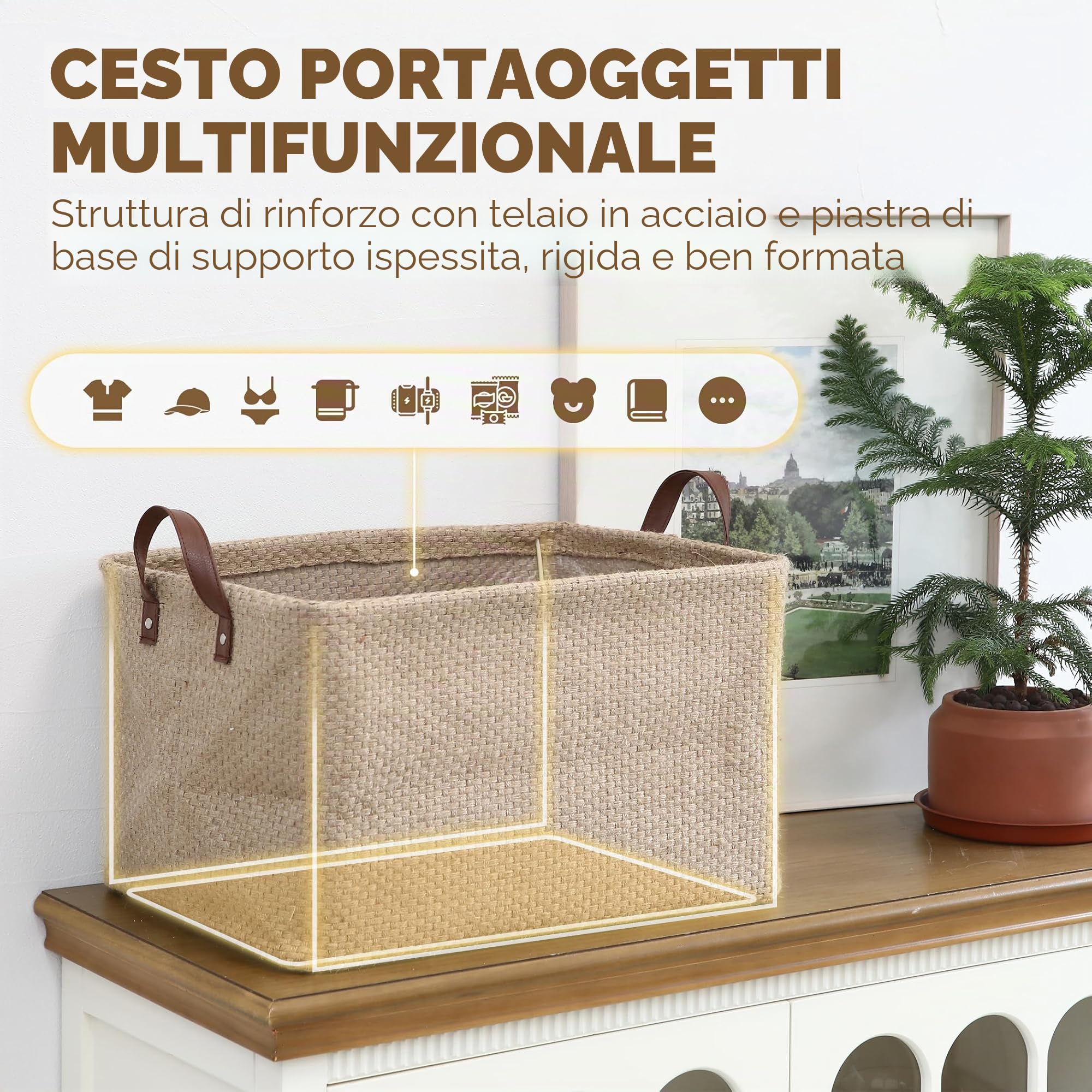 Sea Team Robusto cestino in iuta con telaio di supporto (42 x 30 x 25 cm) – organizzatore stabile per scaffali e armadi, accessori per la casa