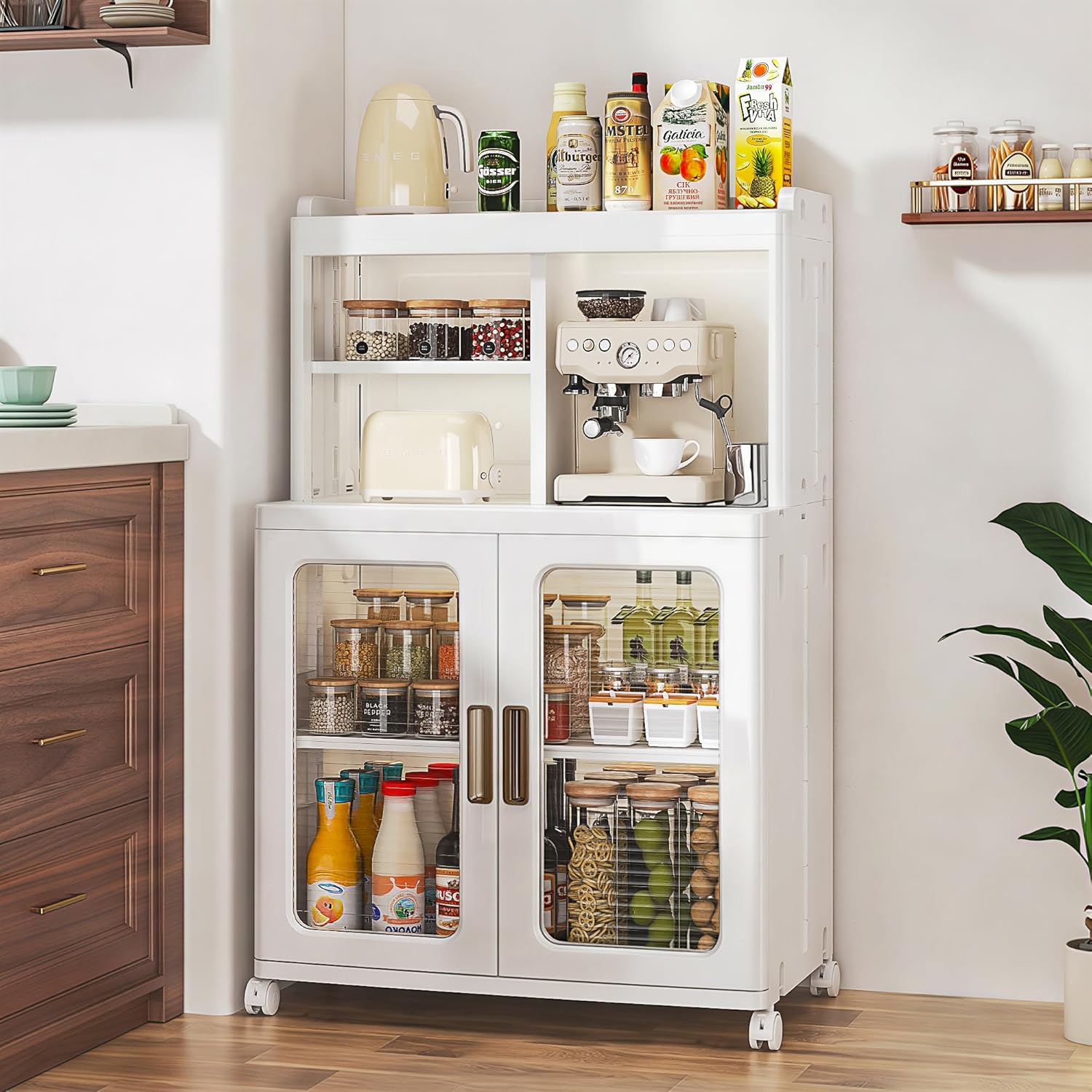 VECELO Foldable Plastic Sideboard Cabinet with Adjustable Shelves, Waterproof Buffet Cabinet with Doors for Kitchen, Dining Room & Small Spaces, White