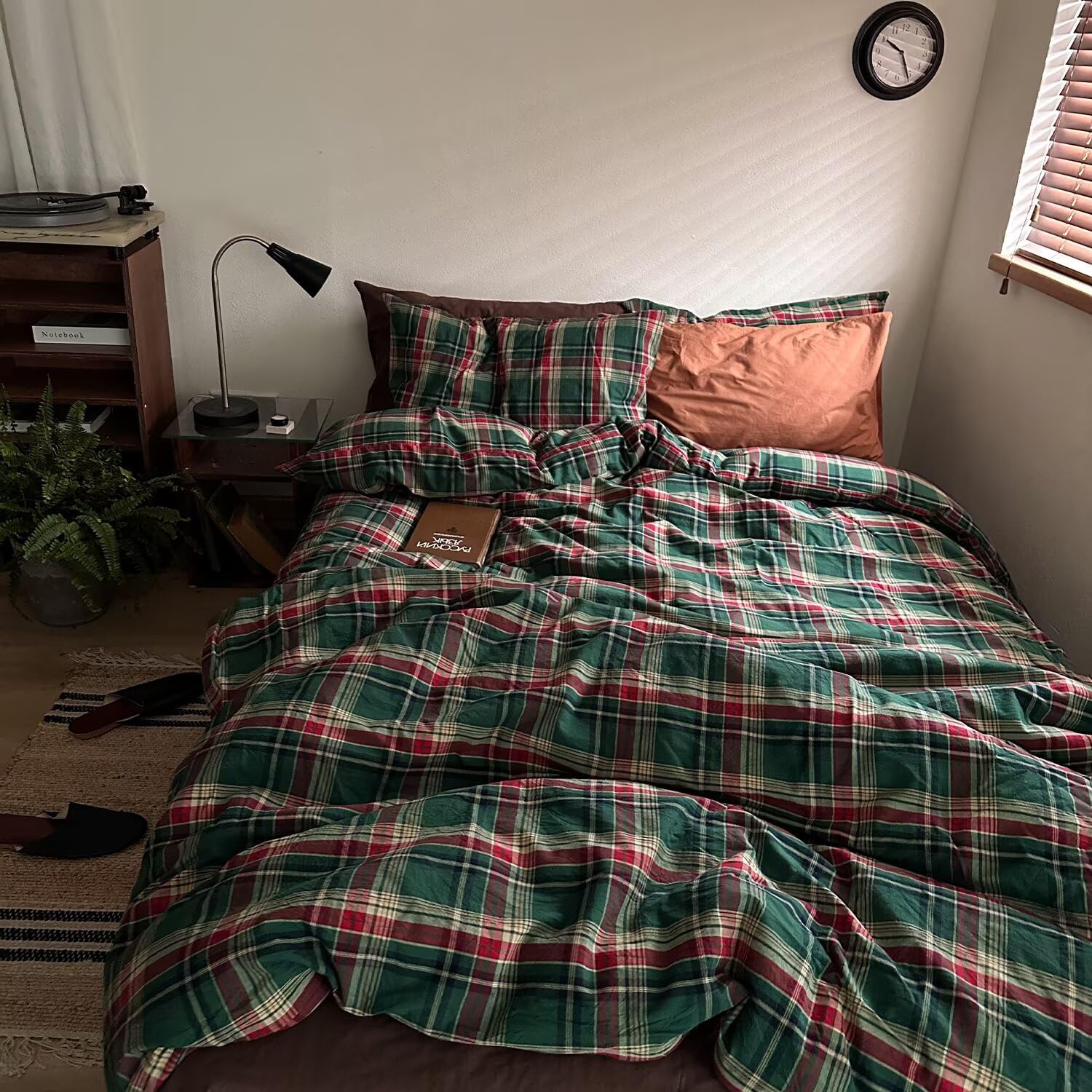MKXI Vintage Buffalo Plaid Duvet Cover Set 3-Piece | 100% Washed Cotton Reversible Bedding Green/Red Checkered Full Size with Zipper &amp; Corner Ties Farmhouse &amp; Shabby Chic Design