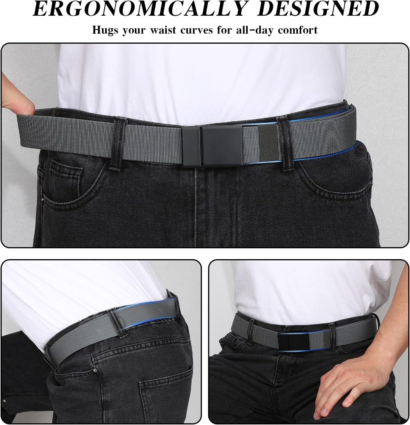 SANSTHS Mens Belt 1.5", Casual Web Golf Ratchet Belts for Men, Stretch Nylon Work Belts with Flip Top Buckle, Black Grey - Image 3