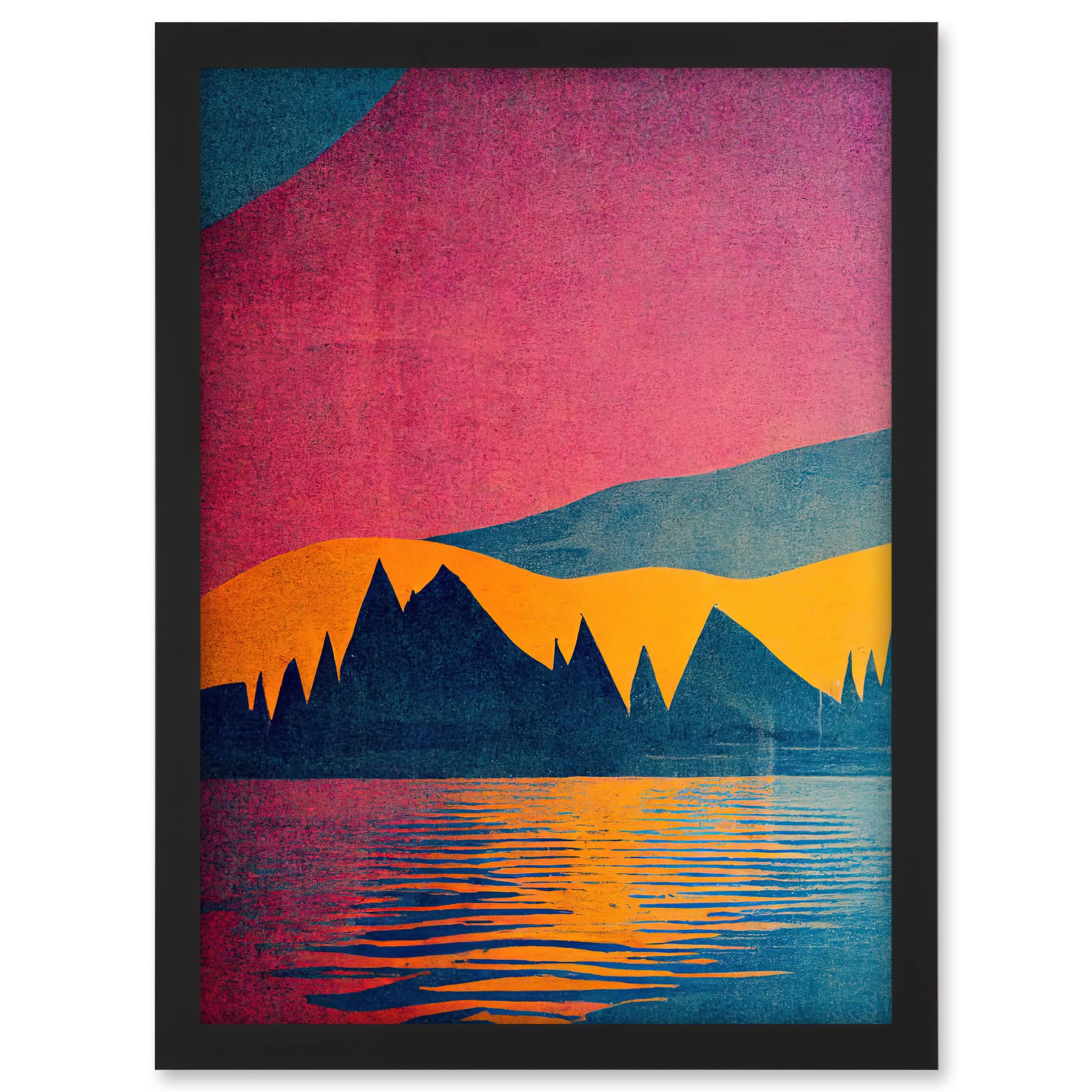 Wee Blue Coo Sunset at Lakeside Modern Colourful Pop Art Design Artwork Framed A3 Wall Art Print