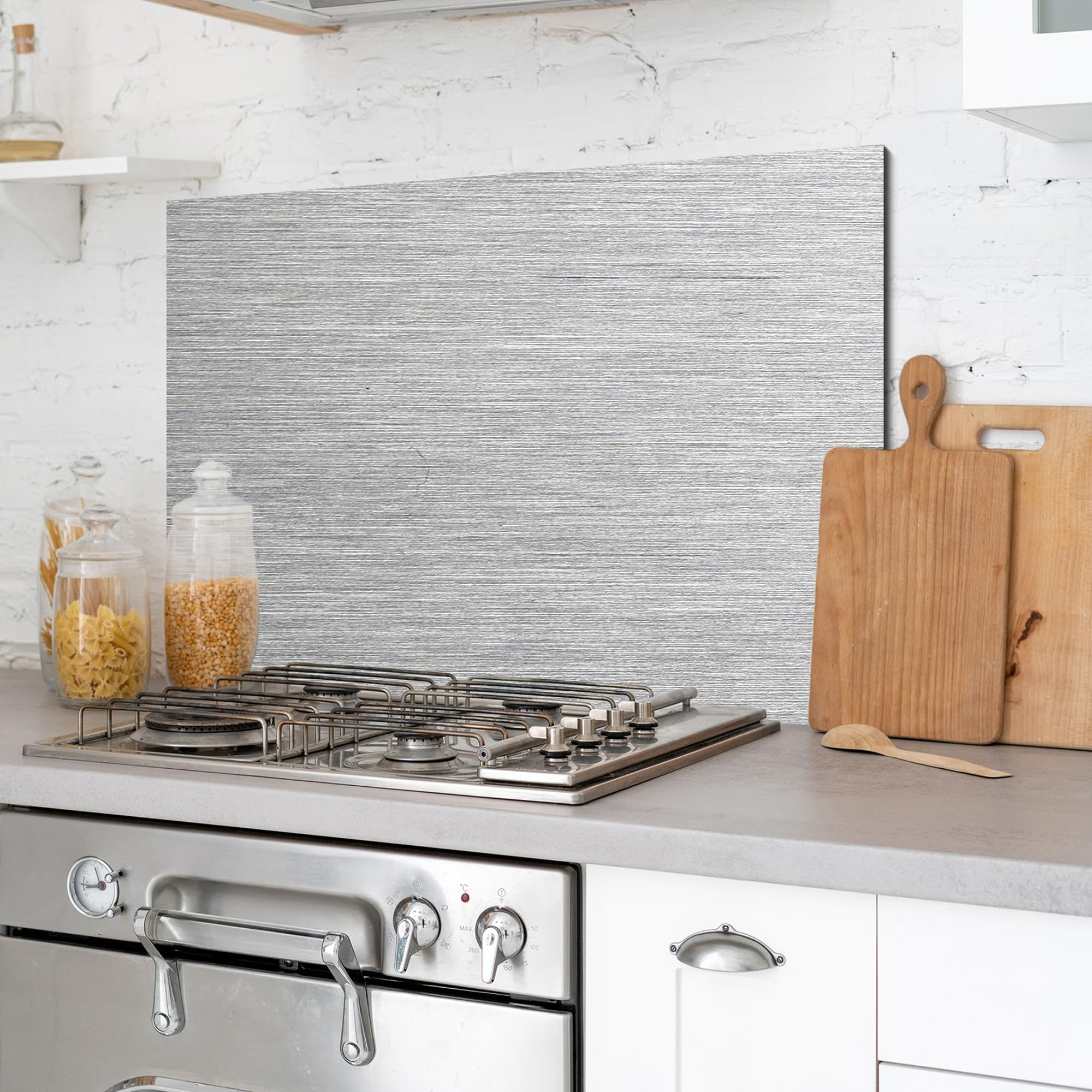 CREARREDA Panneau anti-éclaboussures de cuisine en aluminium brossé 84 x 60 cm, facile à appliquer, fabriqué en Italie, protection pour cuisinière et mur. Lavable et facile à assembler