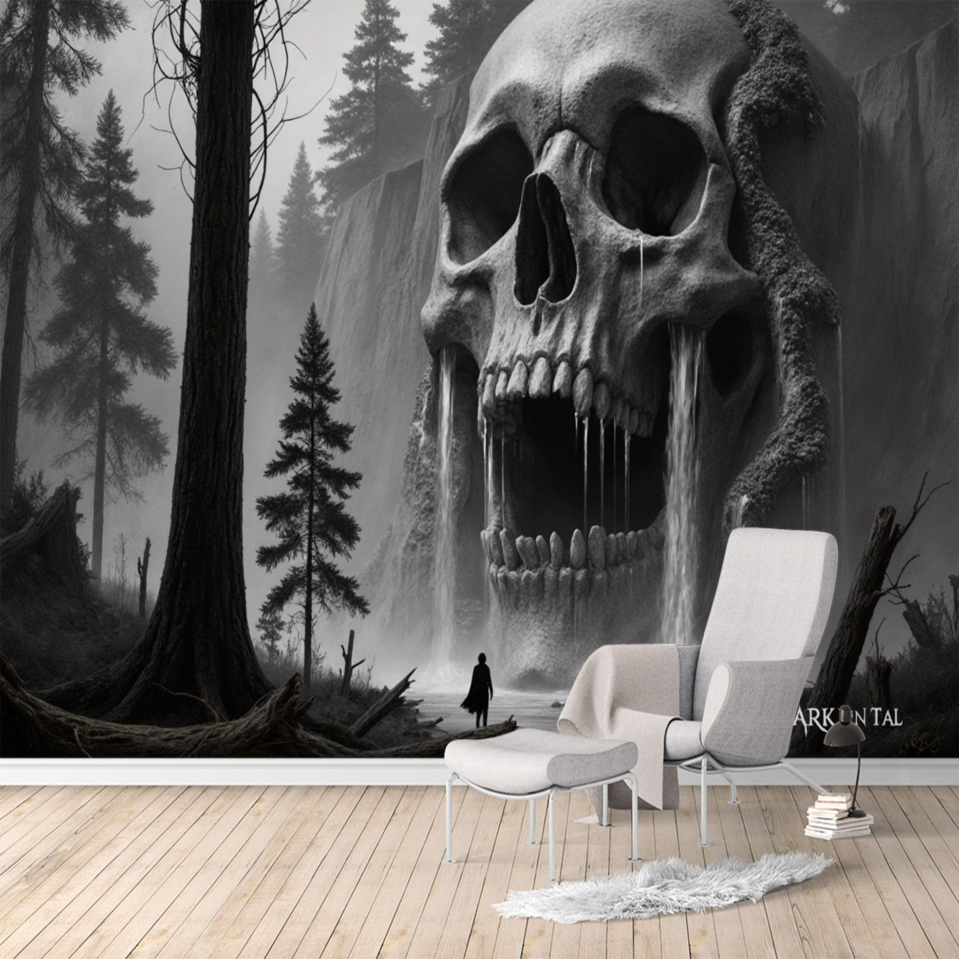 Custom Size Wall Murals, Gothic Skull Waterfall Forest Scene, Removable Self Adhesive Large Wallpaper Mural for Living Room Bedroom Office
