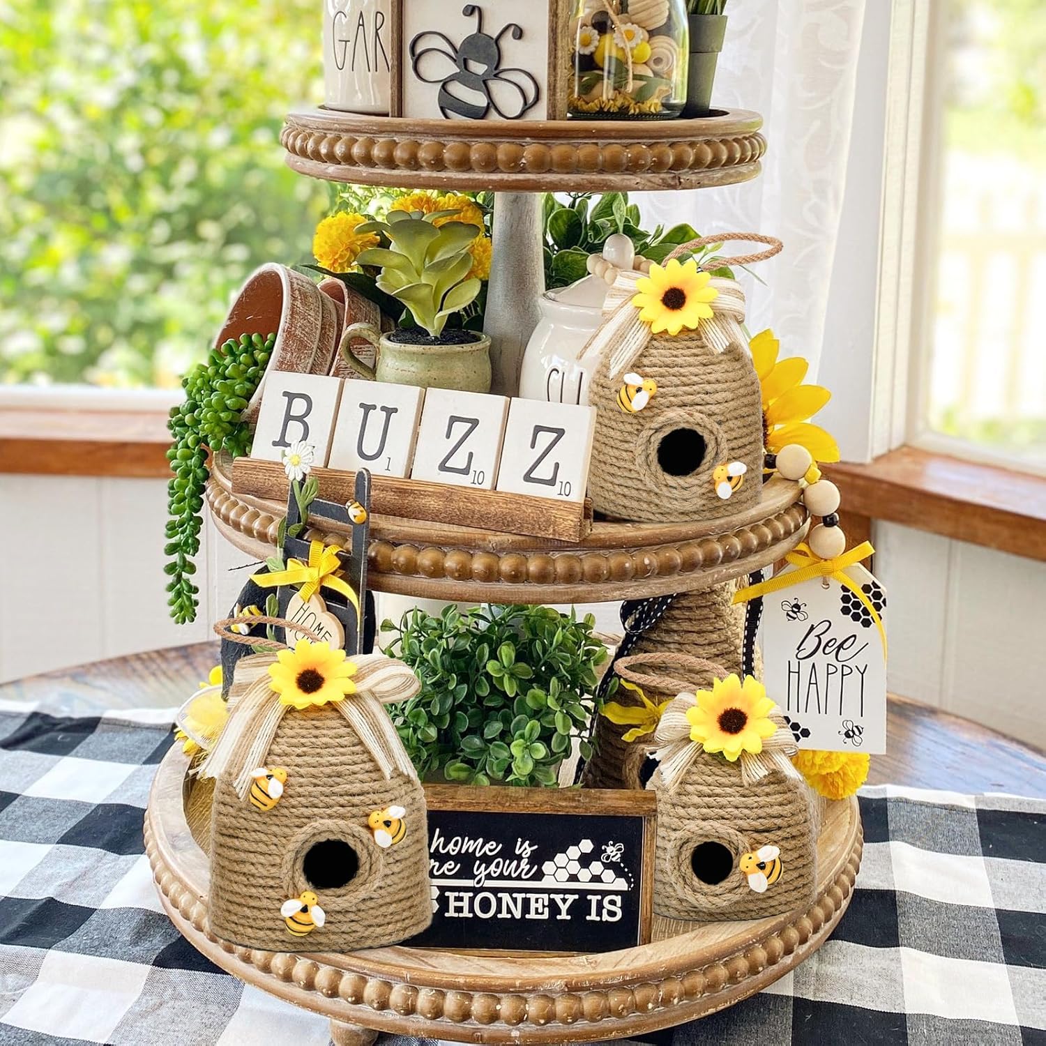 nuvagiki 3 Pack Bee Hive Decor, Farmhouse Bumble Bee Decorations with Sunflower, Rustic Tiered Tray Tabletop Decor for Home Kitchen, Spring Summer Bee Theme