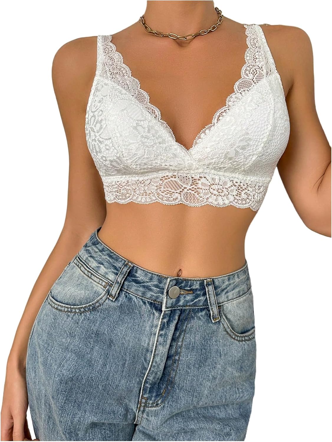 MakeMeChic Women's Floral Lace Bra Scallop Trim Backless Wireless Bralette