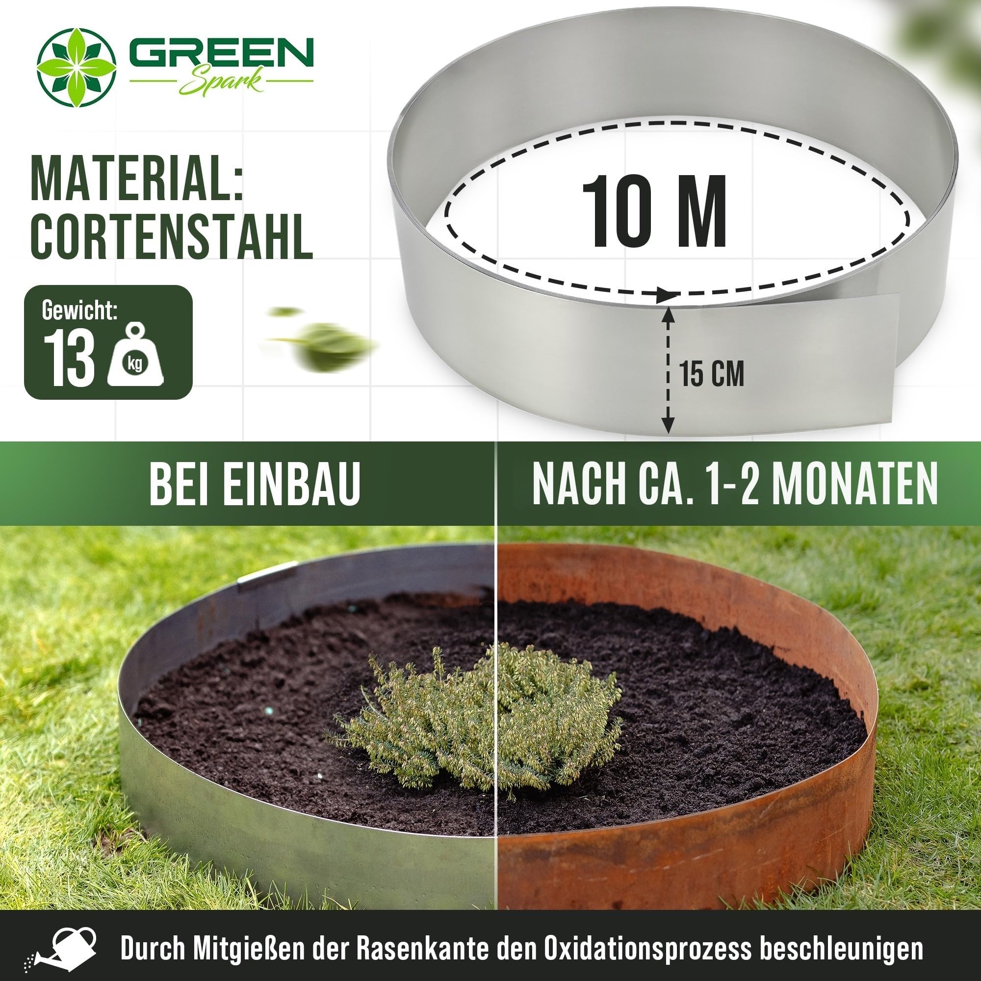 Cortenstahl Rasenkante [Schneckenabweisend] 10m x15cm, 1mm dick