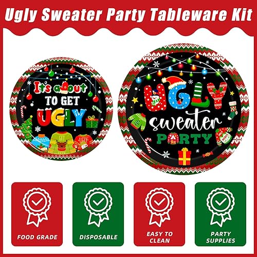 Miniatura 3 de Kepeel 96 platos de fiesta de suéter feo de Navidad, suministros de decoración de fiesta de Navidad para vacaciones de invierno, Navidad, reunión