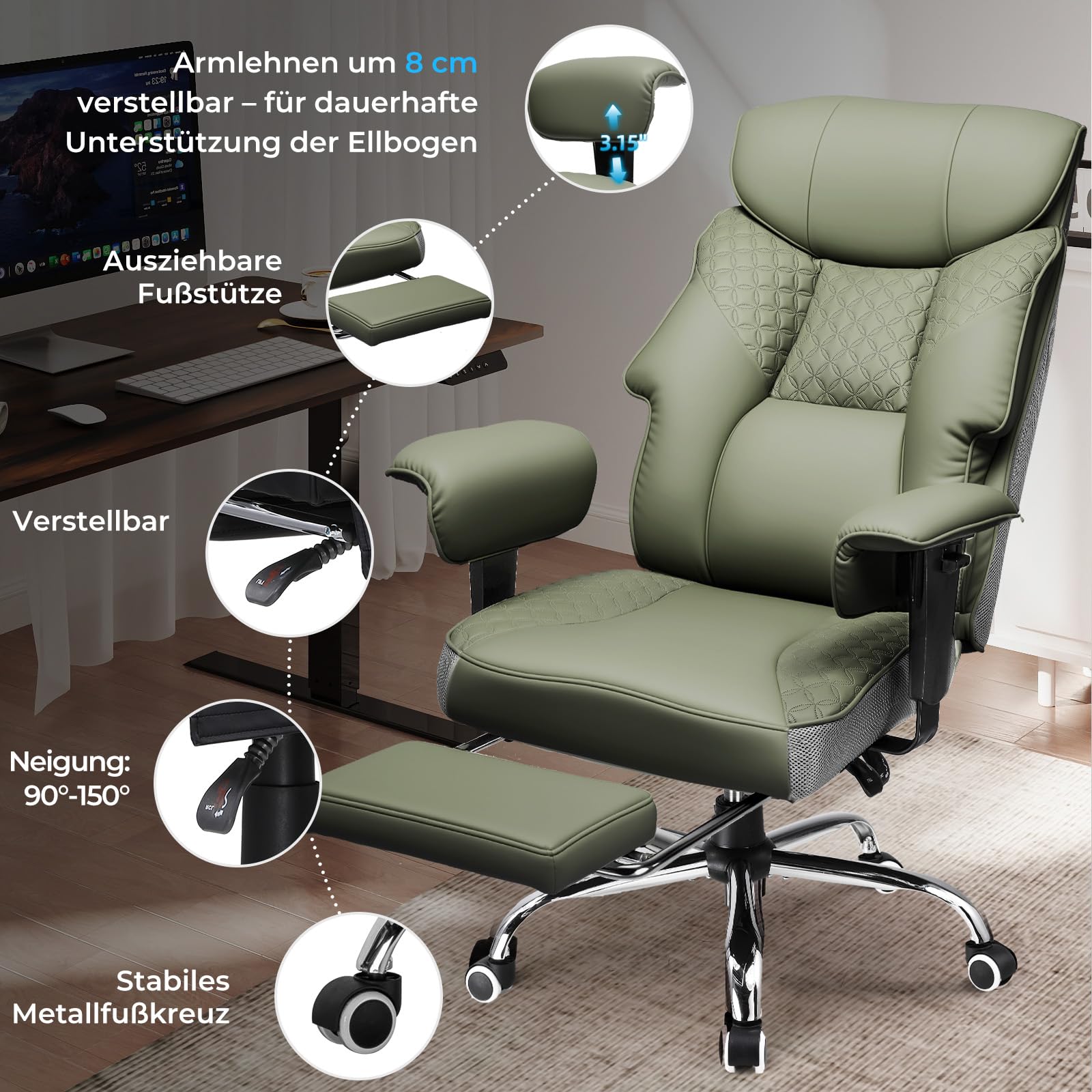 COMHOMA Gaming Stuhl für Große und Schwere Personen, ergonomischer Bürostuhl bis 180 kg, 3D Sitzkissen, verstellbar mit Fußstütze, PU-Leder, hoher Komfort für Büro & Gaming Grün