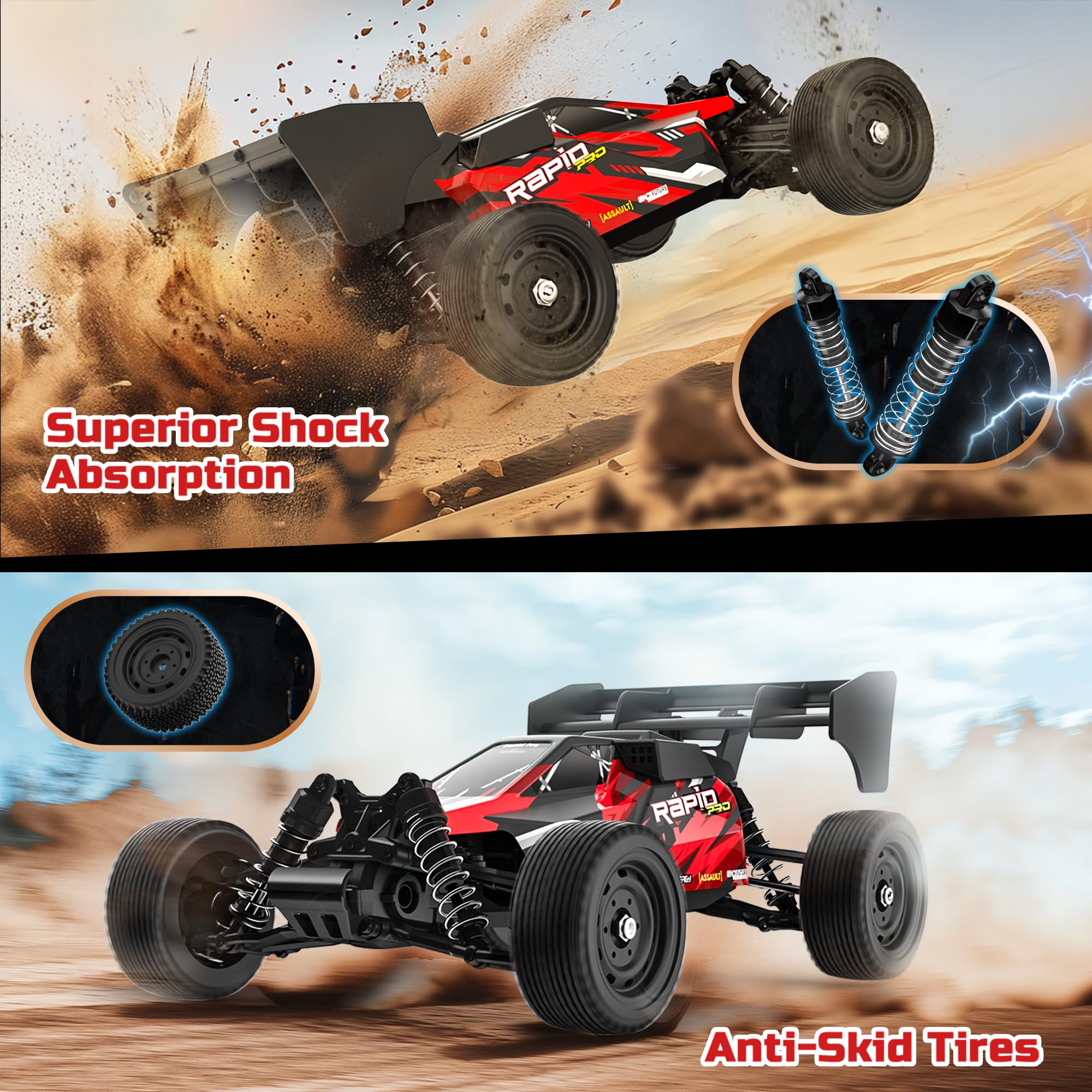DEERC Ferngesteuertes Auto 1:16 Bürstenloser Motor 50 km/h, 2WD Schnelles Offroad Auto mit 2 Akkus & LED-Licht, RC Auto für Erwachsene und Kinder, Geschenk zu Weihnachten und Geburtstag