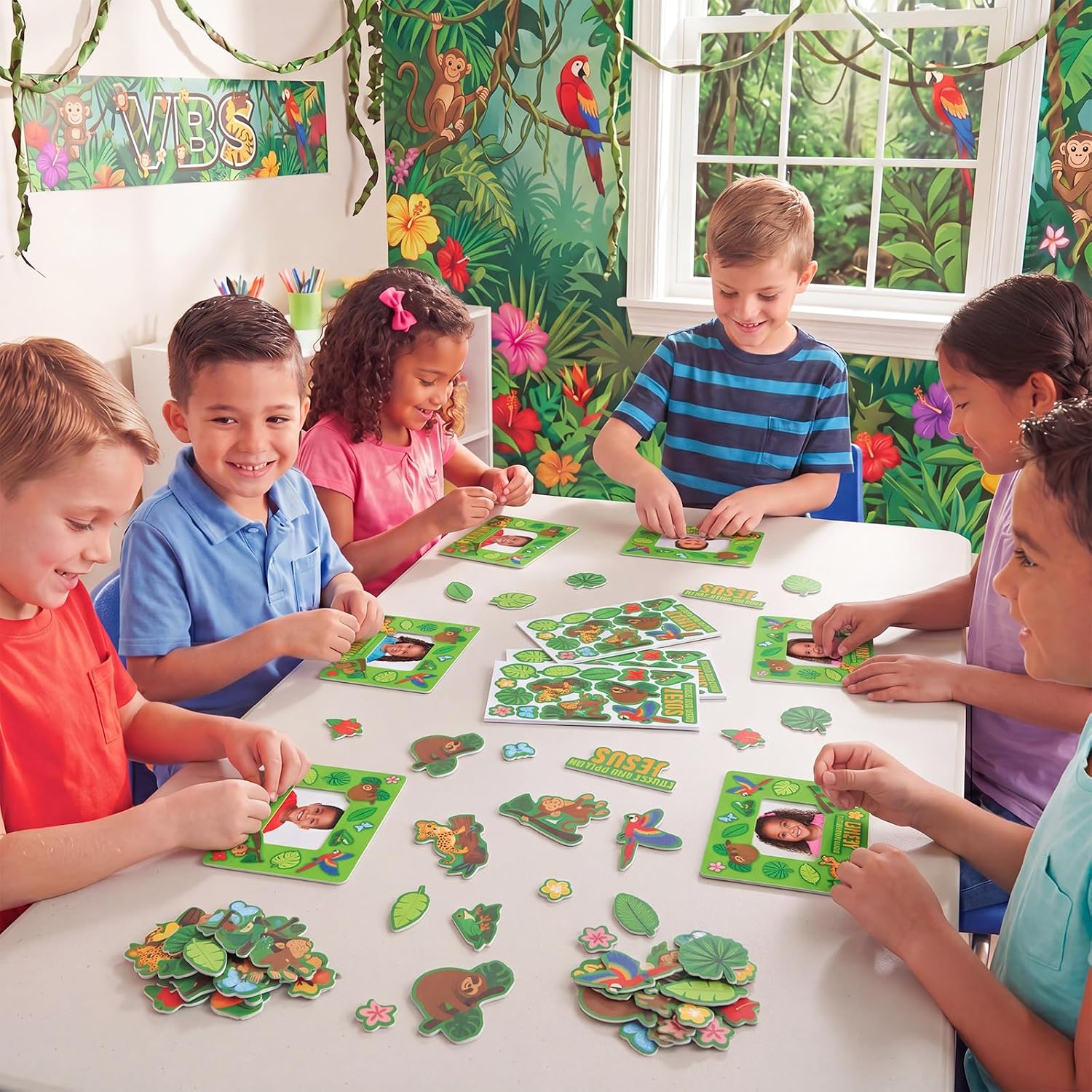 SiliFine 48 Set Vbs 2026 Magnetic Foam Picture Frames 6 3/4" x 5" DIY Rainforest Theme Photo Frame Craft Kit for Sunday School Activities, Christian Church Party Favors, Jungle Animal Crafting Gifts