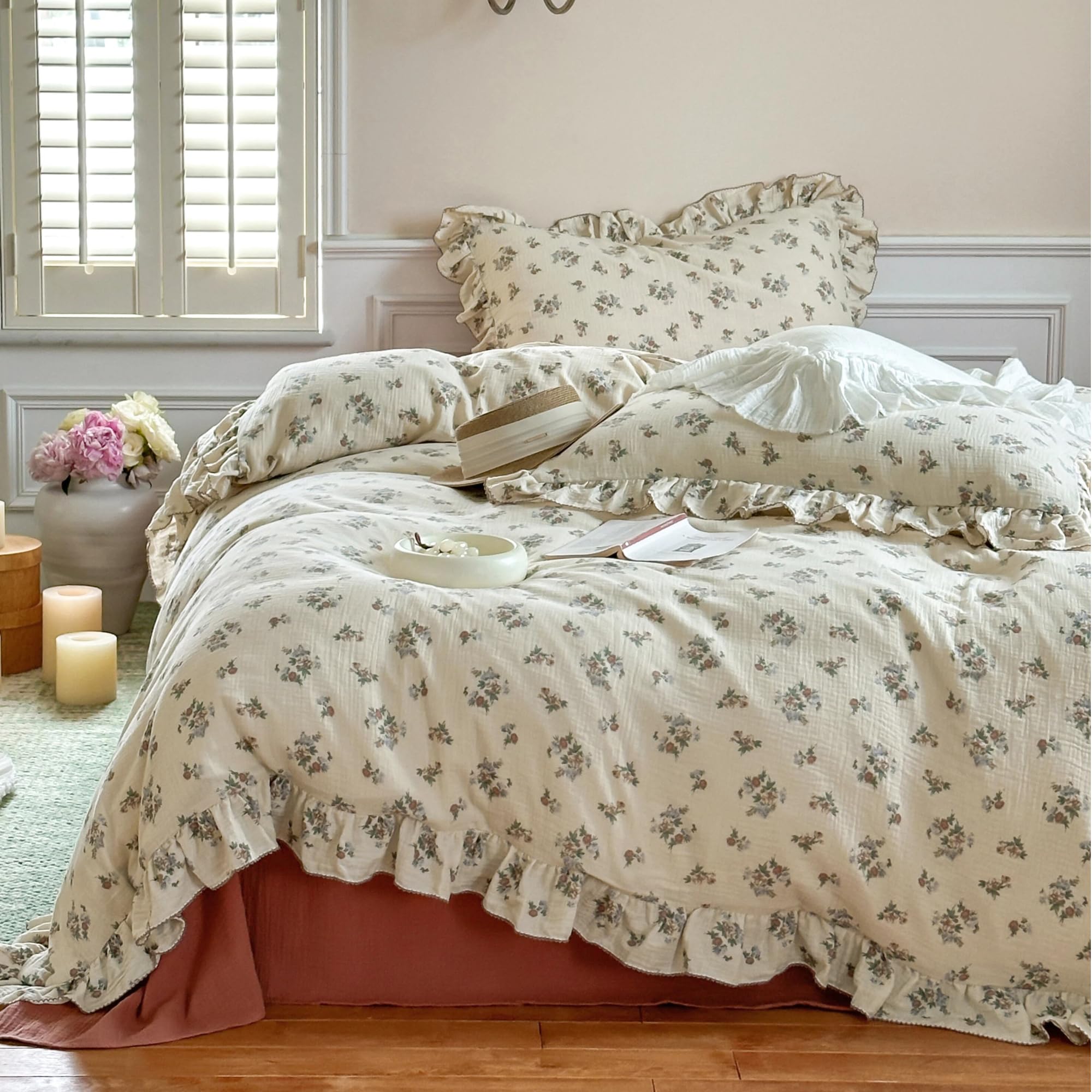 BuLuTu Vintage Floral Muslin Duvet Cover Twin with Ruffles, No Pillowcase