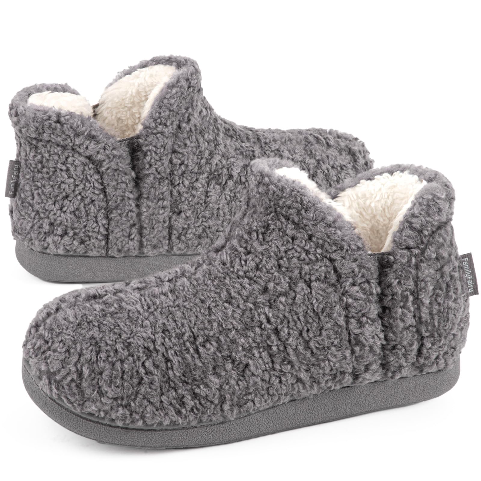 FamilyFairy Bootie Slippers for Women Warm House Shoes Memory Foam Indoor Outdoor Fuzzy Boots with Rubber Sole
