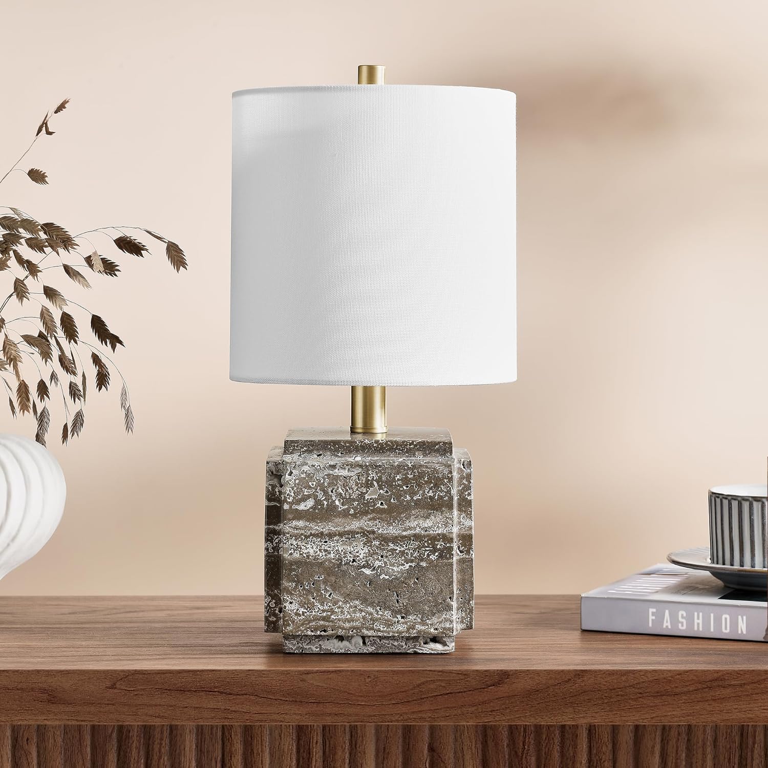 Henn&Hart 15.5" Eclectic 1-Light Stone Table Lamp with White Fabric Drum Shade for Living Room, Bedroom, or Office, Walnut Travertine