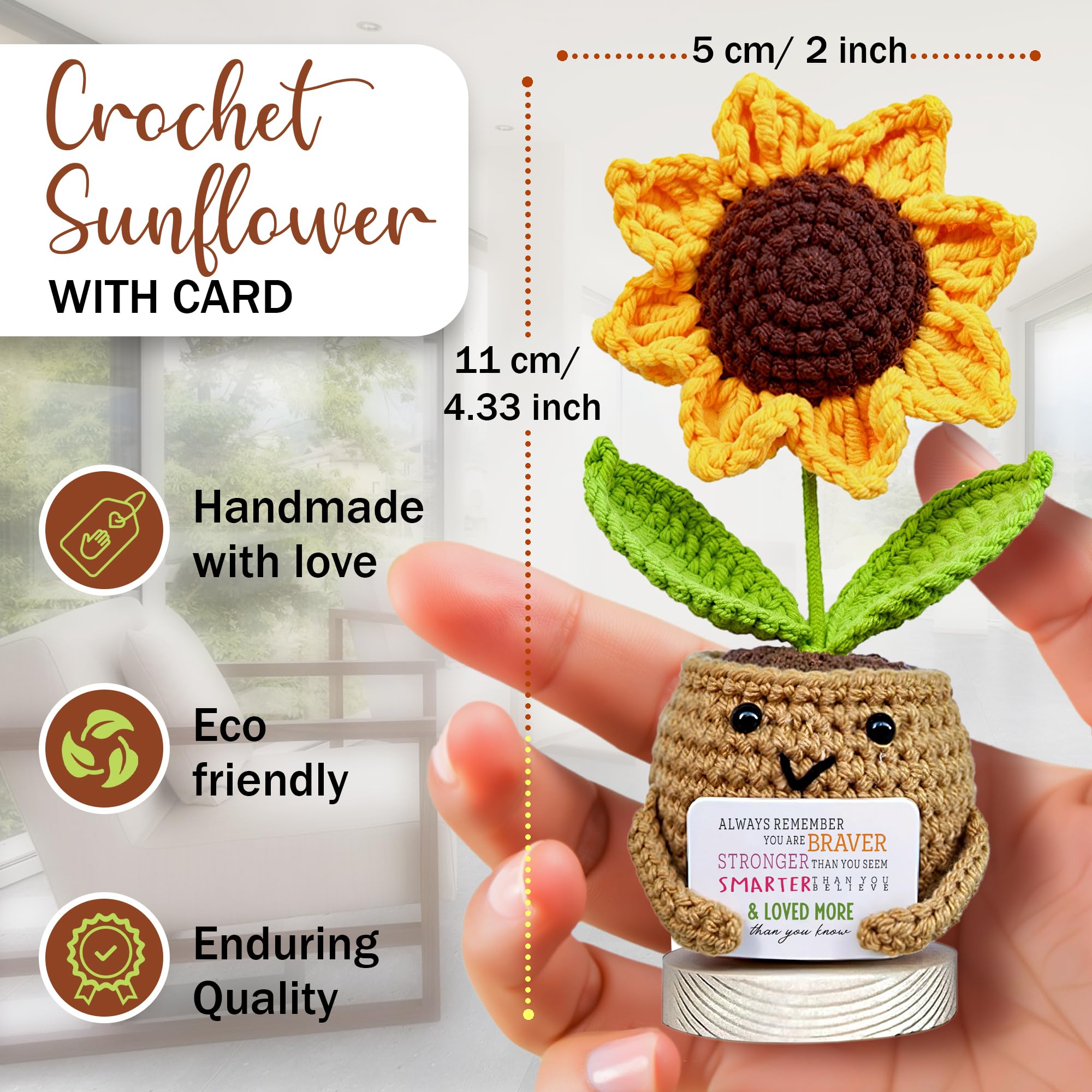 Handmade Positive Sunflower Crochet Doll with Card for Women, Cute with You Are Braver, Smarter, Loved Heartfelt Message - Image 2
