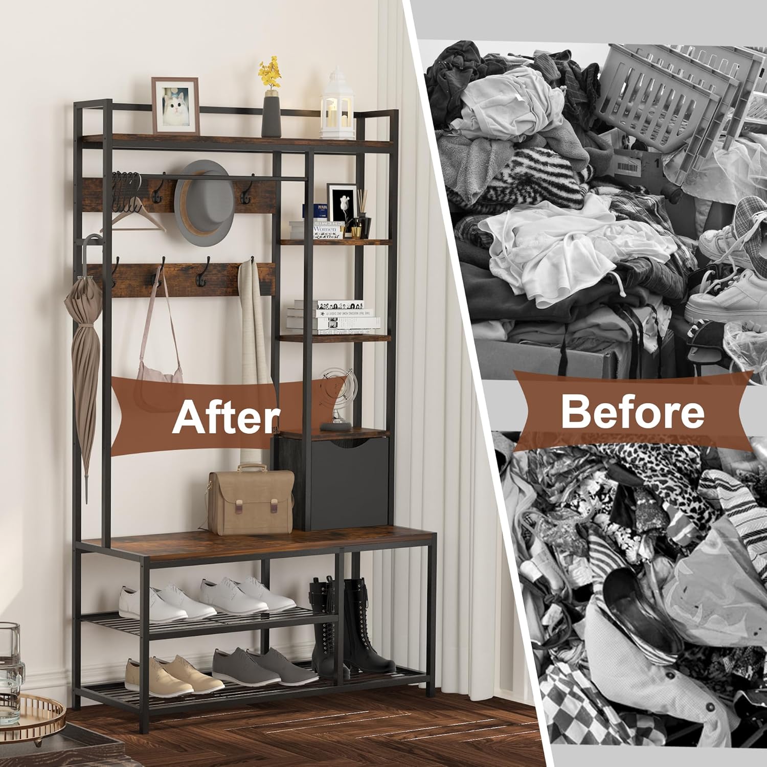 Hall Tree with Storage Bench, Coat Rack Freestanding, Entryway Bench with Storage, Coat Rack with Shoe Storage, 5-In-1 Hall Tree with 12 Hooks for Entryway, Hallway