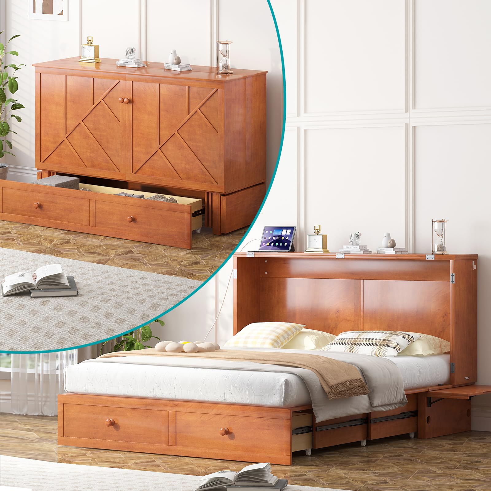 BALUS Murphy Bed, Queen Murphy Cabinet Bed with Tri-fold Mattress and USB Charging Ports, Multi-Functional Cube Cabinet Chest Beds with 2 Drawers for