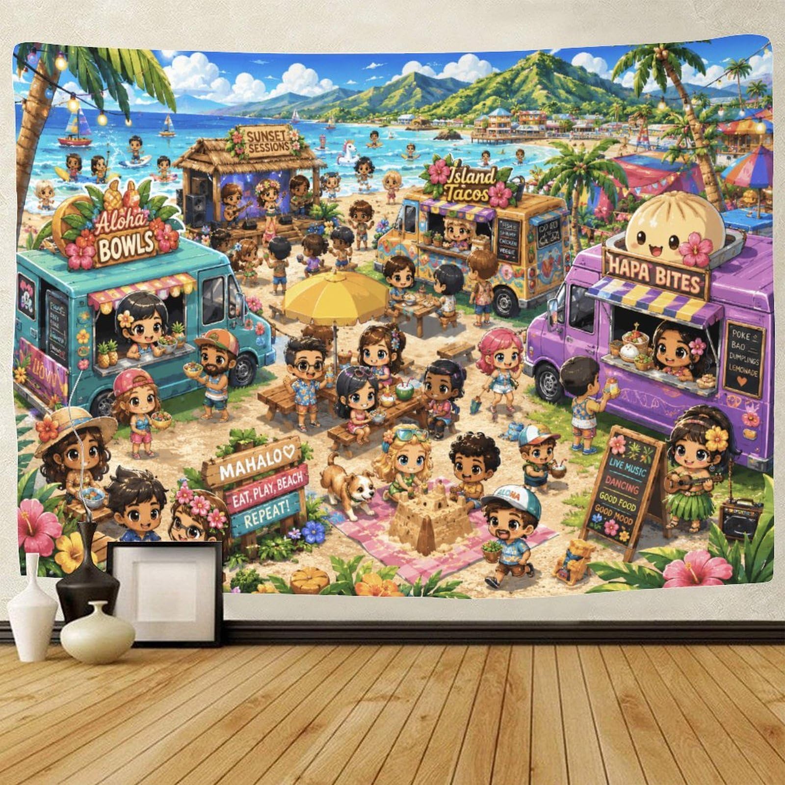 GPMNBCXZK Hawaii Chibi Beach Food Truck Wall Tapestry Wall Hanging Decor 3D Print Tapestries Poster Home Decoration Bedroom College Dorm 180cmx230cm