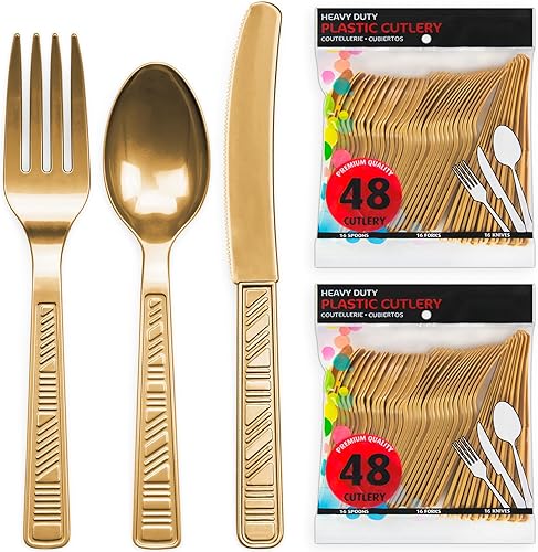 Miniatura 2 de DecorRack Juego de cubiertos de plástico, juegos de cubiertos de plástico dorado para fiestas, juego de utensilios de plástico resistentes a granel