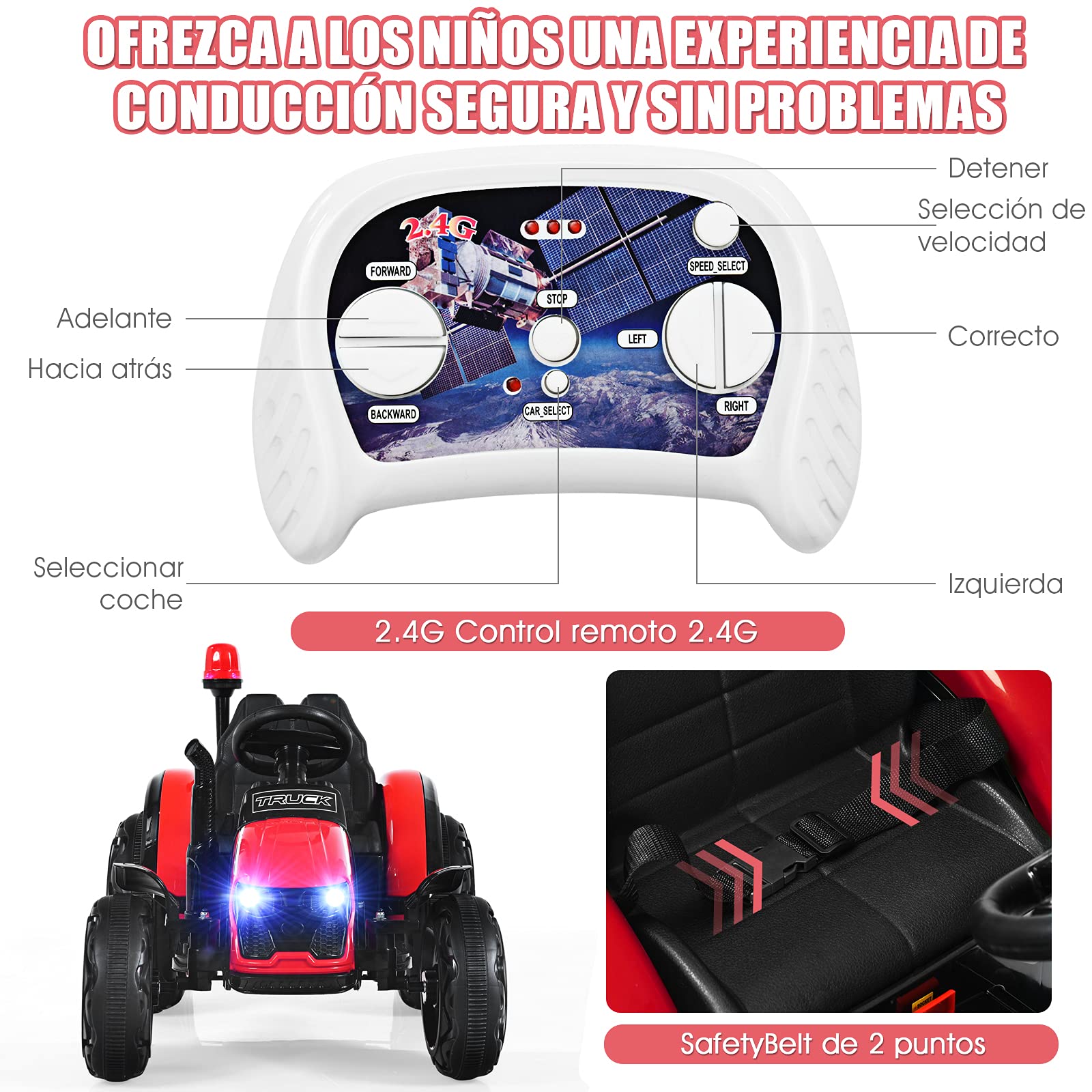 COSTWAY Tractor Eléctrico 12V 7AH para Niños con Remolque, Juguete 3-8 años, Mando 2,4G, Arnés Seguridad 2 Puntos, Faros, Música, USB (Rojo)