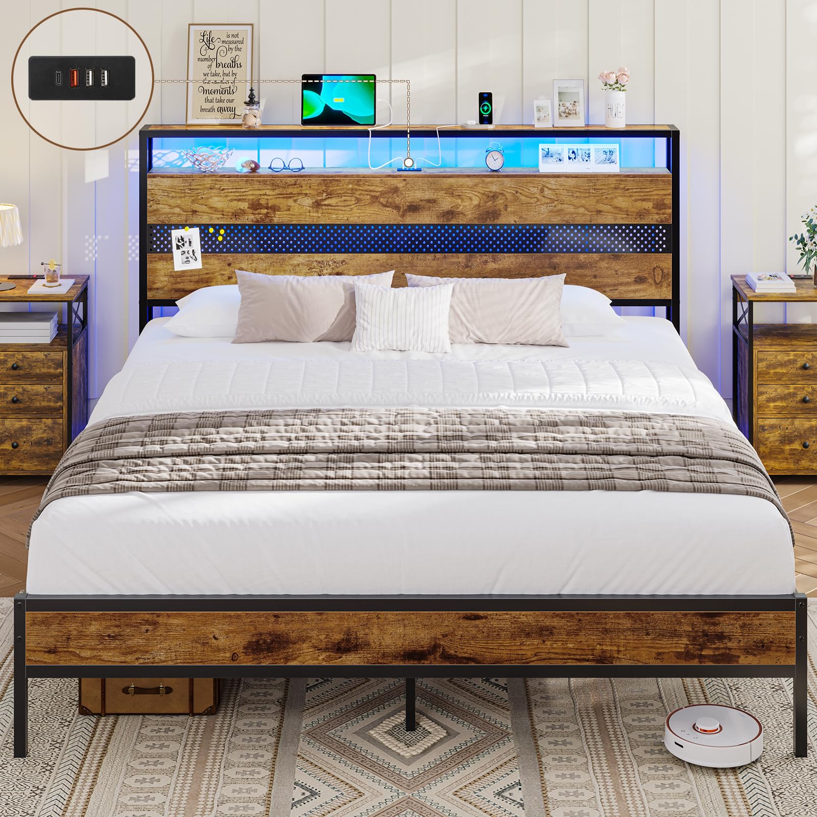 Letto 160 x 200 cm, con rete a doghe in metallo, struttura del letto in metallo con presa e funzione di ricarica USB, letto matrimoniale con spazio di archiviazione, letto basso, letto per giovani