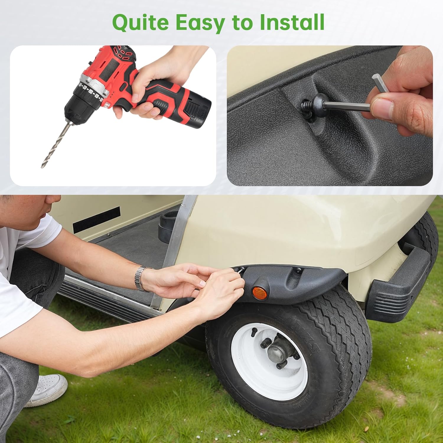 Image showing a person drilling pilot holes and then screwing in a fender flare onto a golf cart.